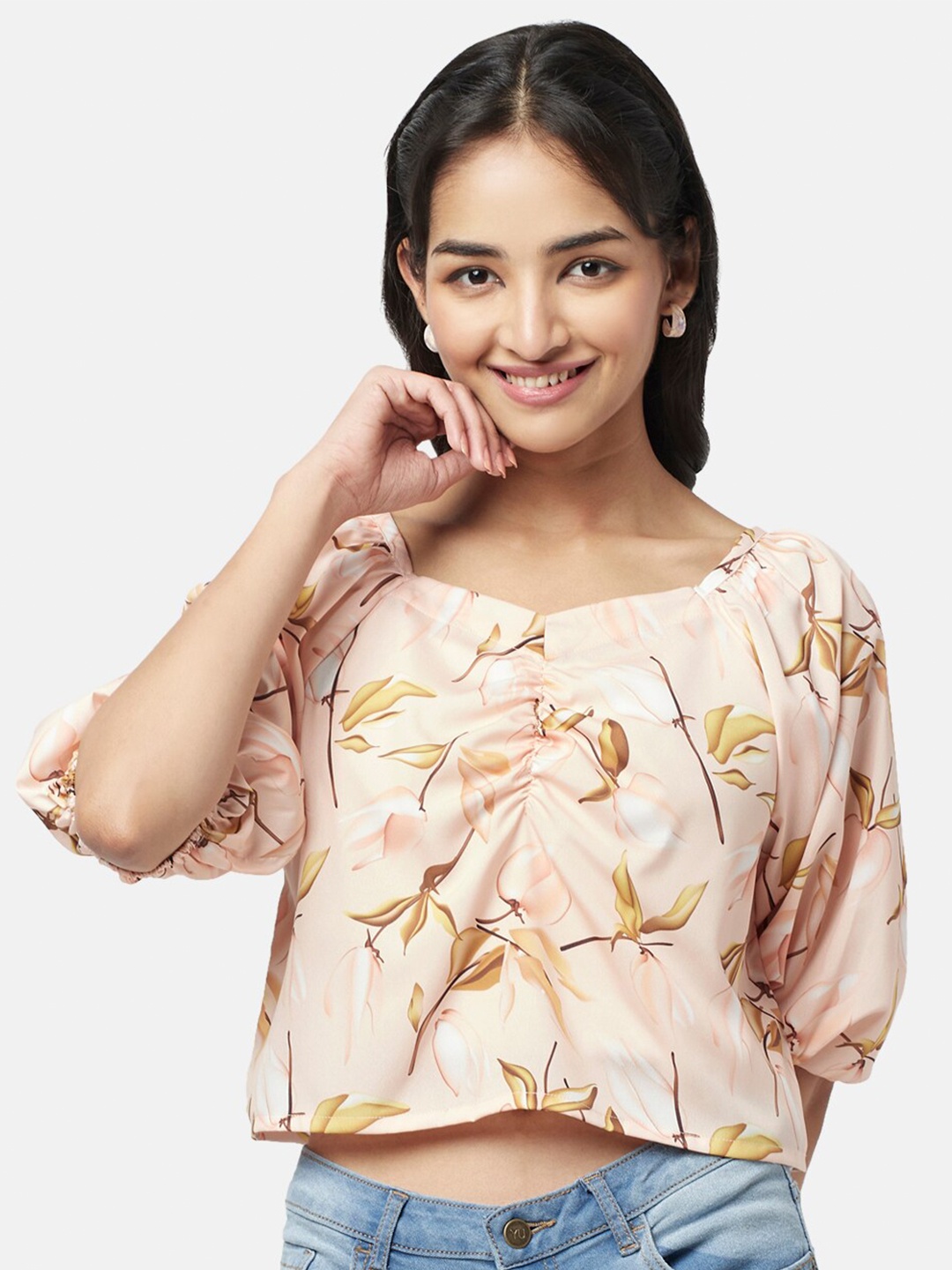 

YU by Pantaloons Floral Printed Puff Sleeves Ruched Top, Beige