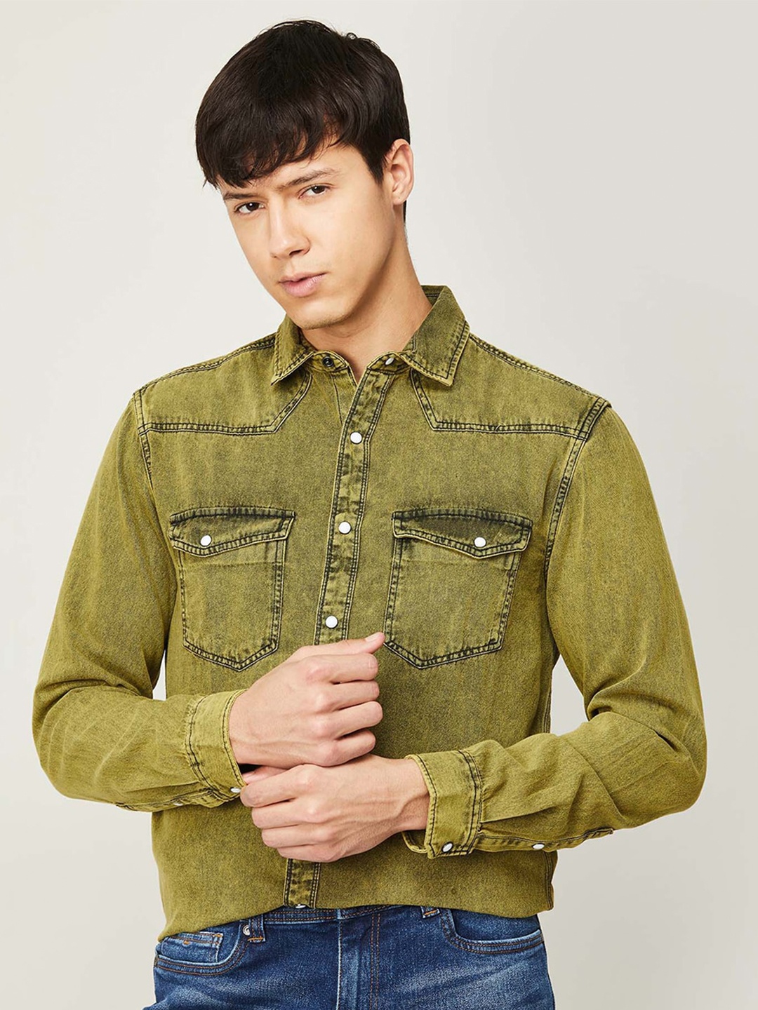 

Forca Men Spread Collar Casual Cotton Shirt, Green