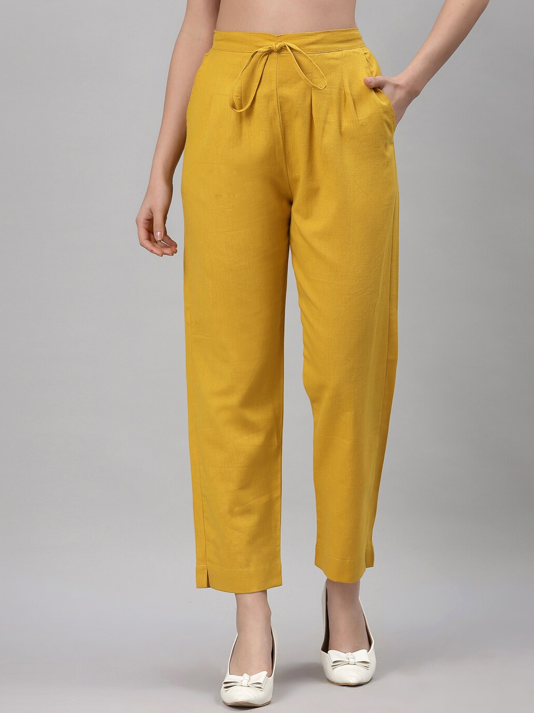 

NEUDIS Women Tapered Fit Pure Cotton Cigarette Trousers, Yellow