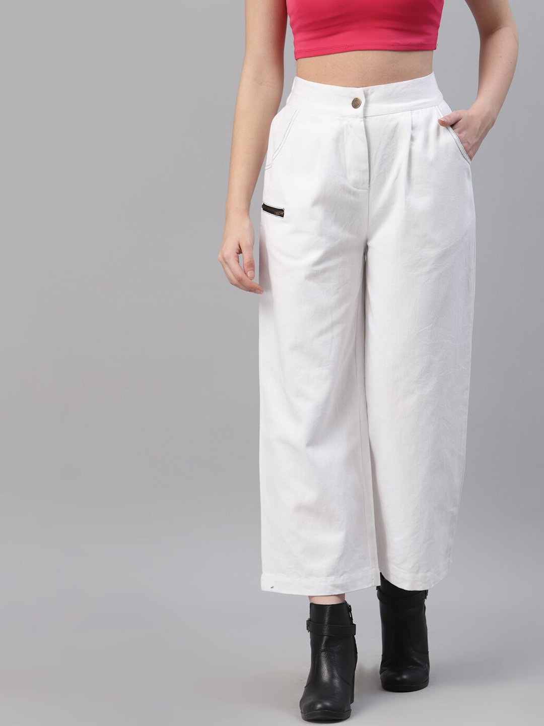 

NEUDIS Women Pleated Mid Rise Cotton Parallel Trousers, White