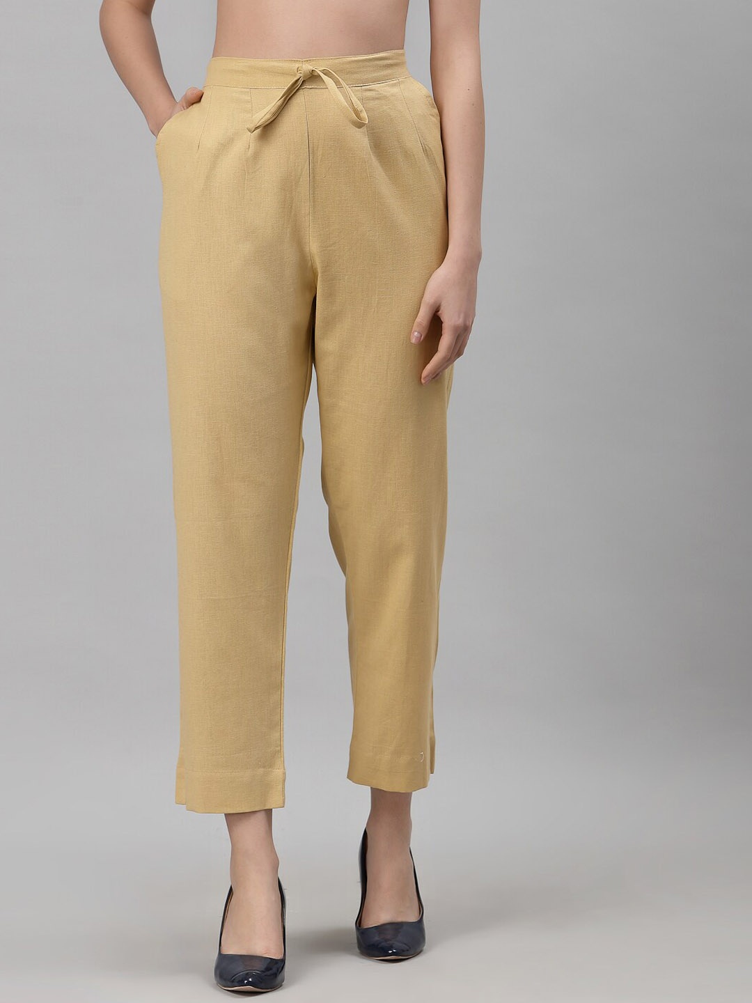 

NEUDIS Women Pure Cotton Cigarette Trousers, Beige