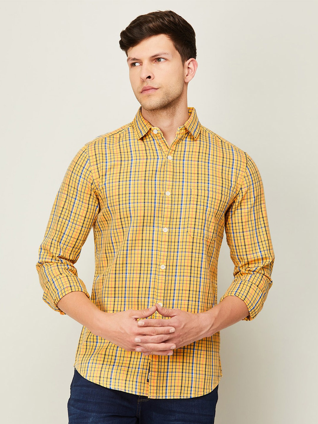 

Fame Forever by Lifestyle Men Tartan Checked Slim Fit Casual Cotton Shirt, Yellow