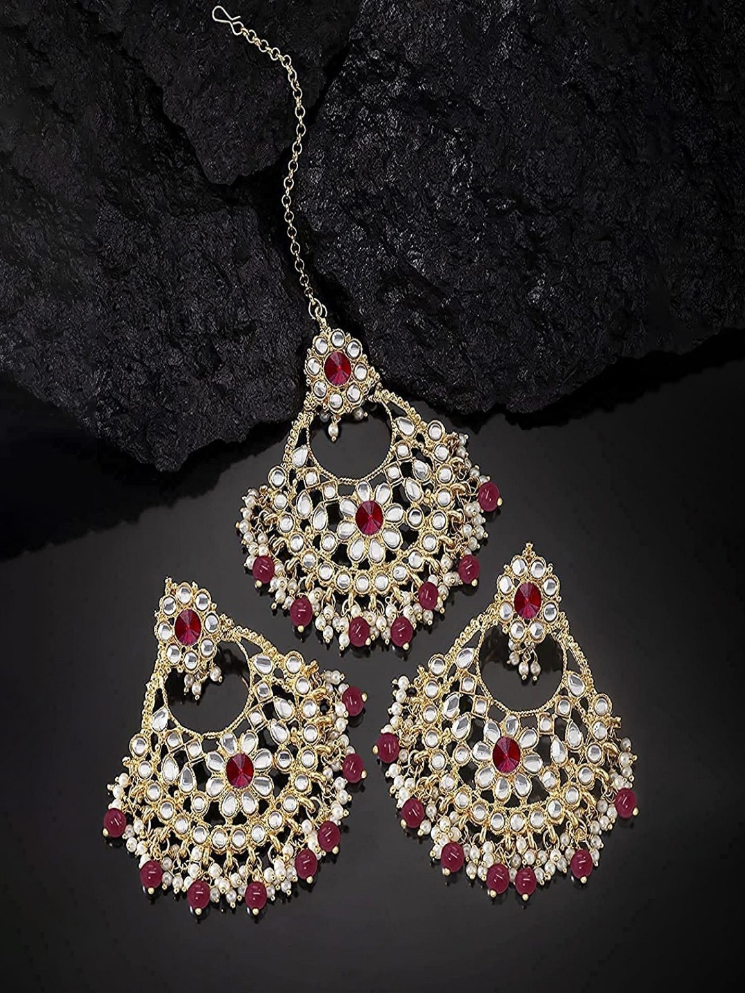 

I Jewels Women Gold-Plated Kundan Studded & Beaded Maang Tika and Earrings, Maroon