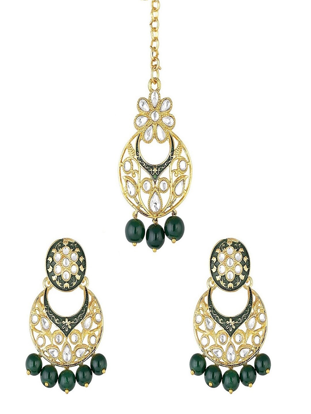 

I Jewels Women Gold-Plated Kundan Studded & Beaded Maang Tika and Earrings, Green