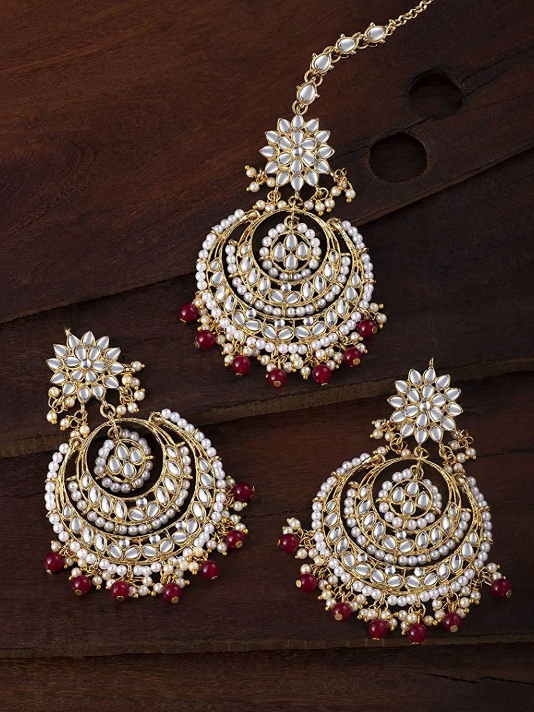 

I Jewels Women Gold-Plated Kundan-Studded & Beaded Maang Tika and Earrings, Maroon