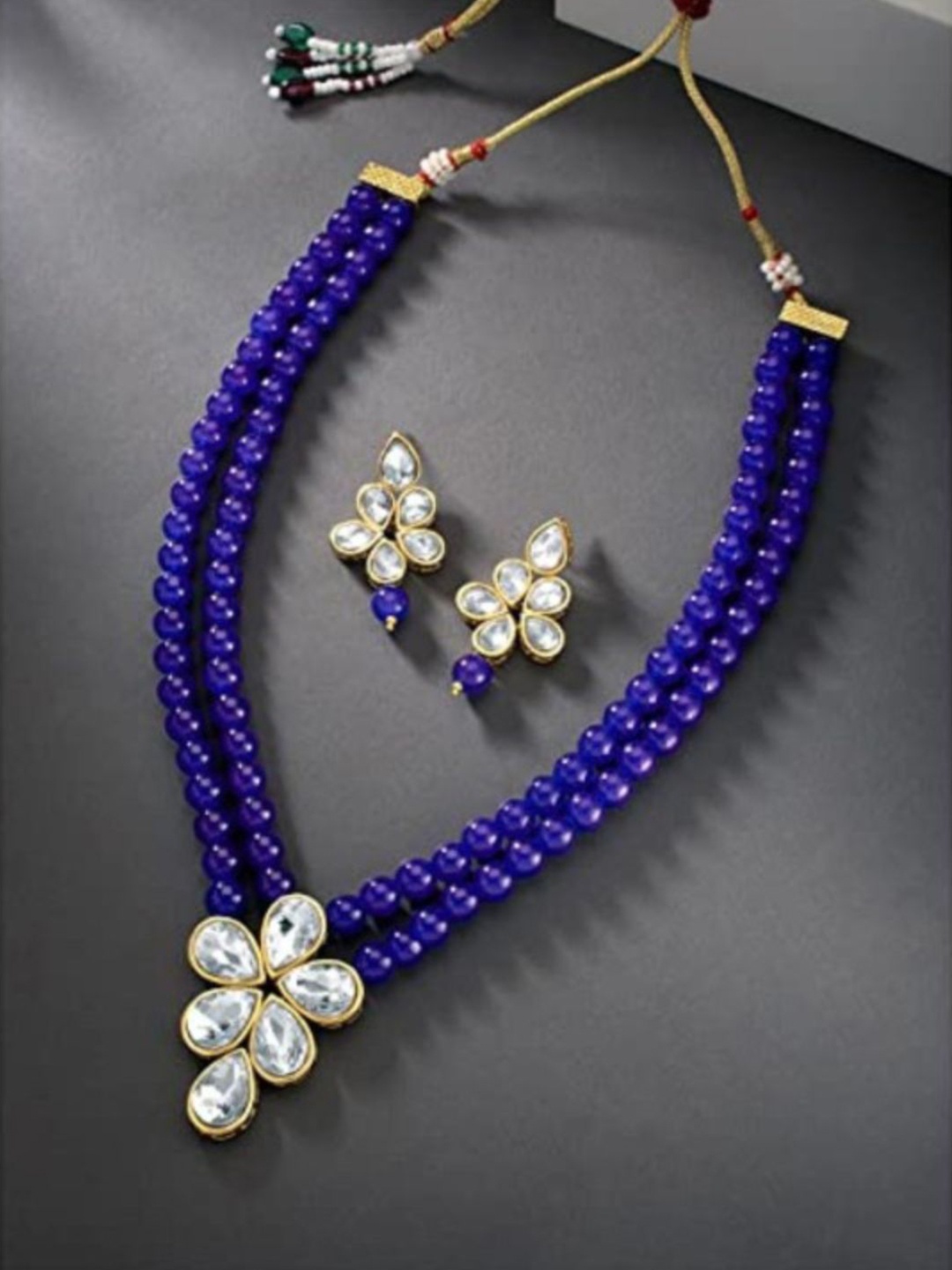 

I Jewels Women Gold-Plated Kundan-Studded & Beaded Necklace and Earrings, Navy blue