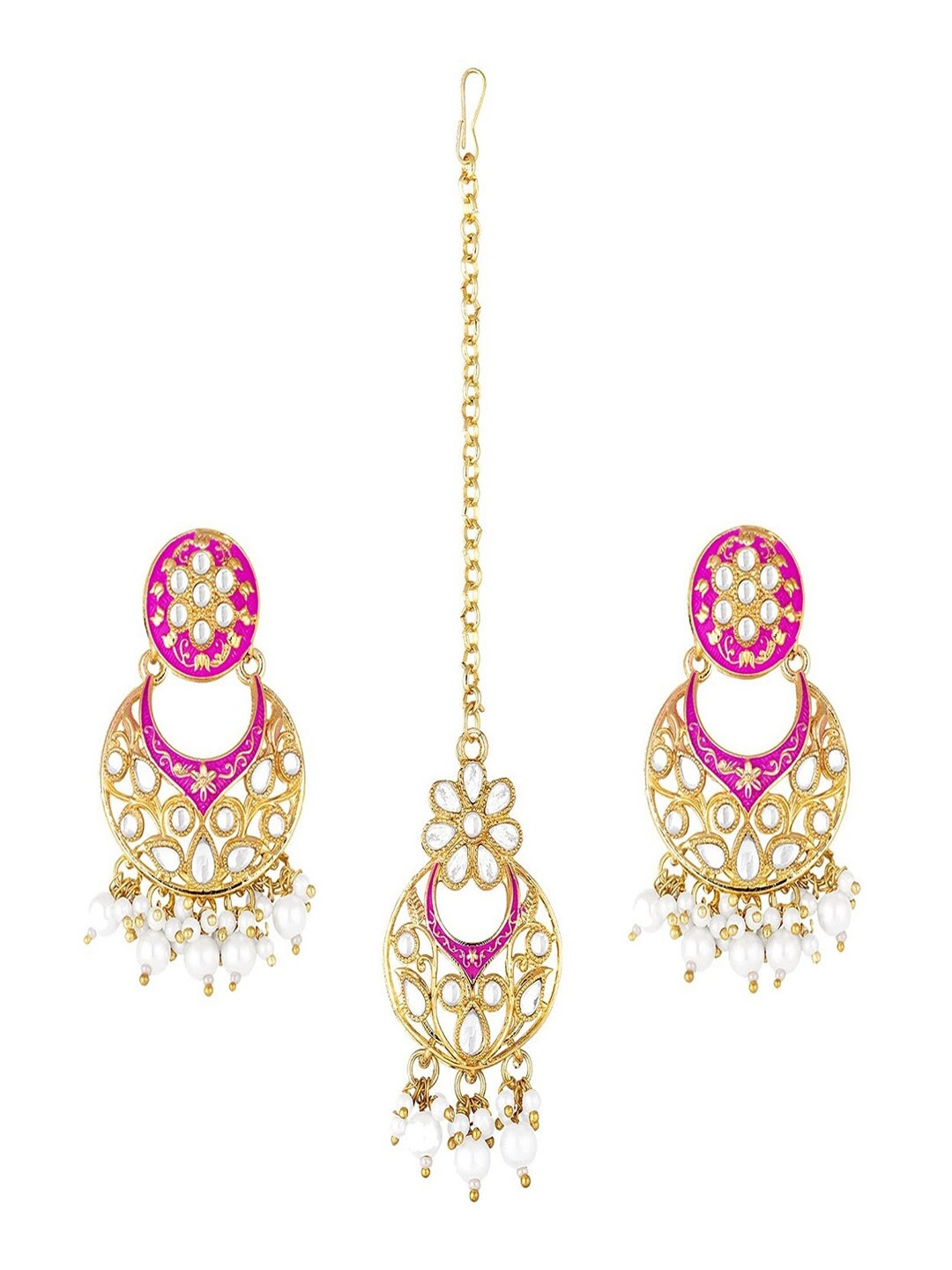 

I Jewels Women Gold-Plated Kundan Studded & Beaded Maang Tika and Earrings, Pink