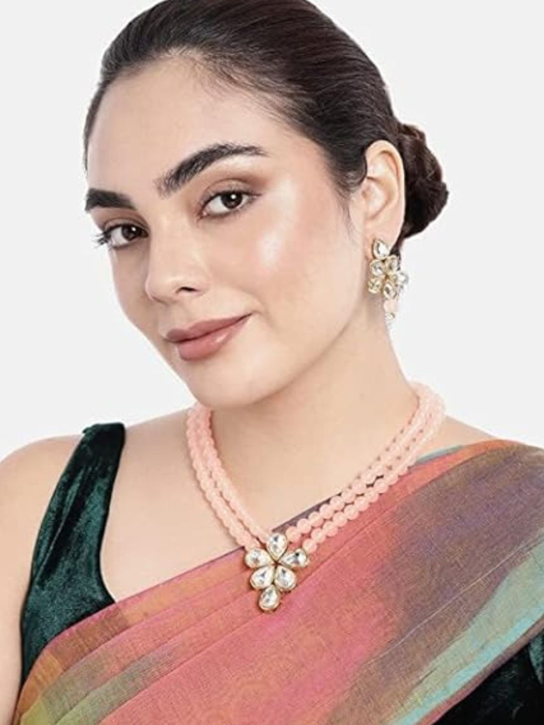 

I Jewels Women Gold-Plated Kundan-Studded & Beaded Necklace and Earrings, Pink