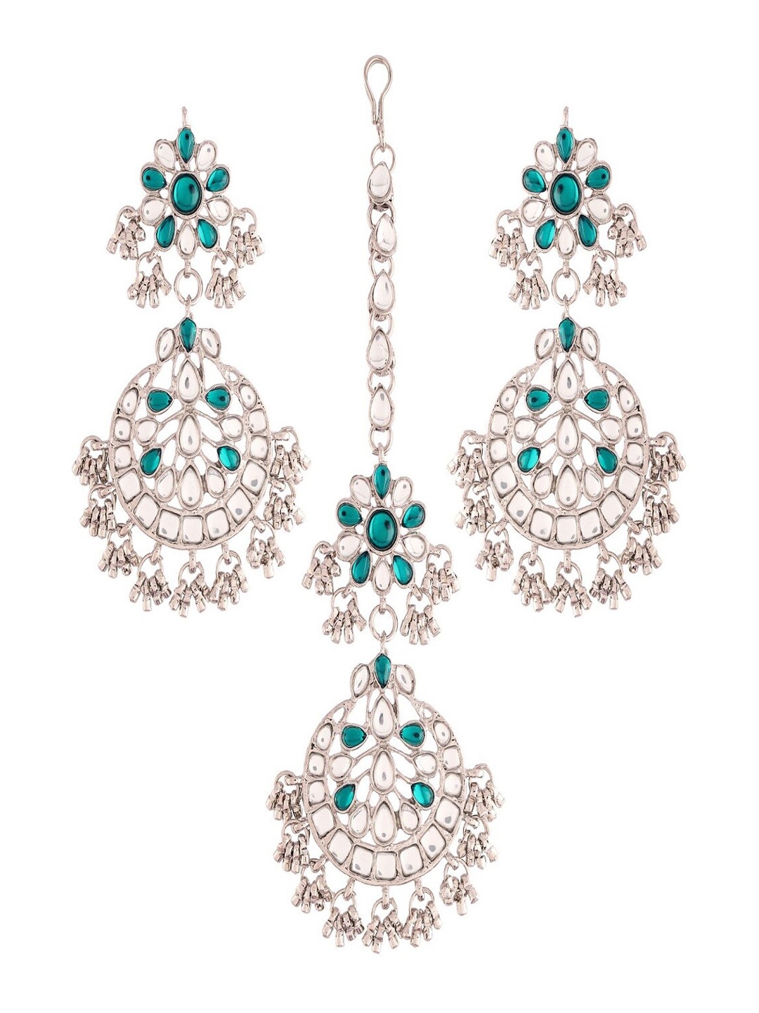

I Jewels Women Silver-Plated Kundan-Studded Maang Tika and Earrings, Teal