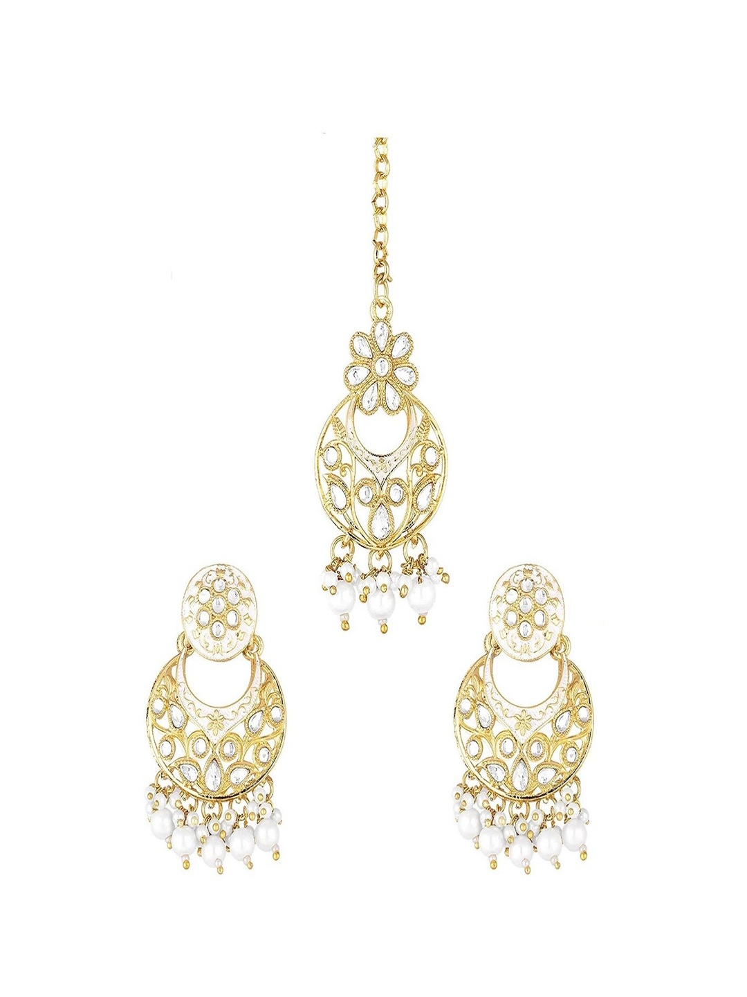 

I Jewels Women Gold-Plated Kundan-Studded & Beaded Maang Tika and Earrings, White