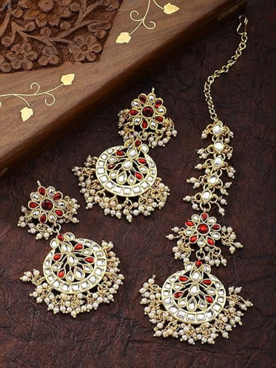 

I Jewels Women Gold-Plated Kundan Studded Maang Tika and Earrings, Maroon