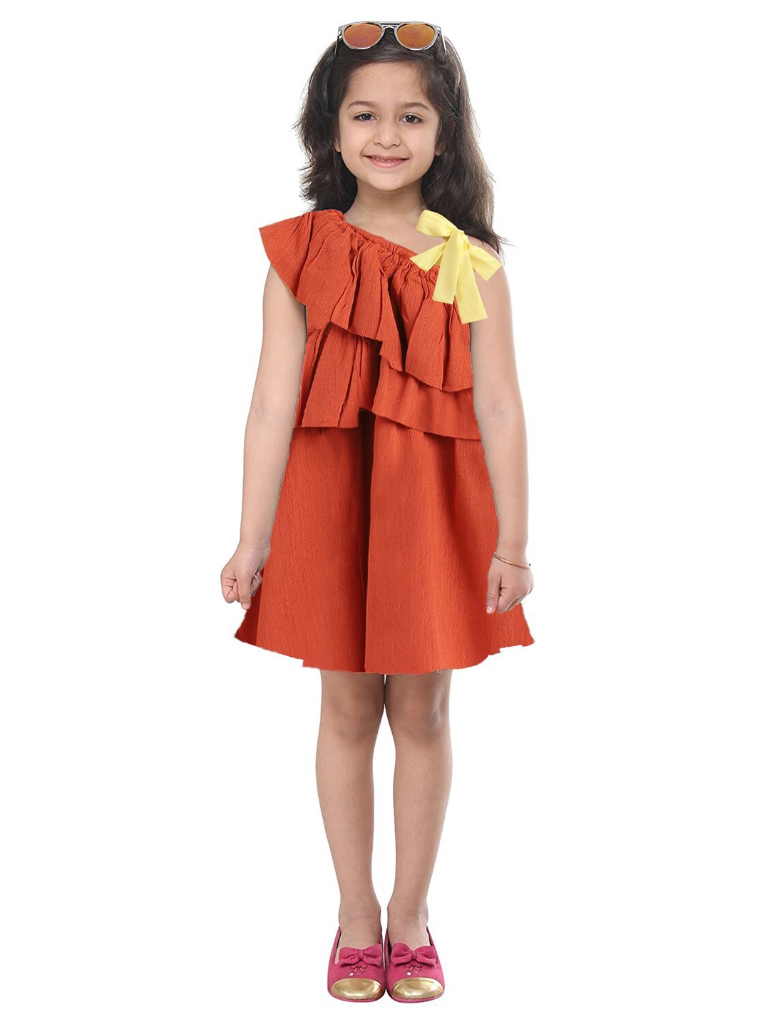 

Kids On Board Girls Colourblocked One Shoulder A-Line Dress, Orange