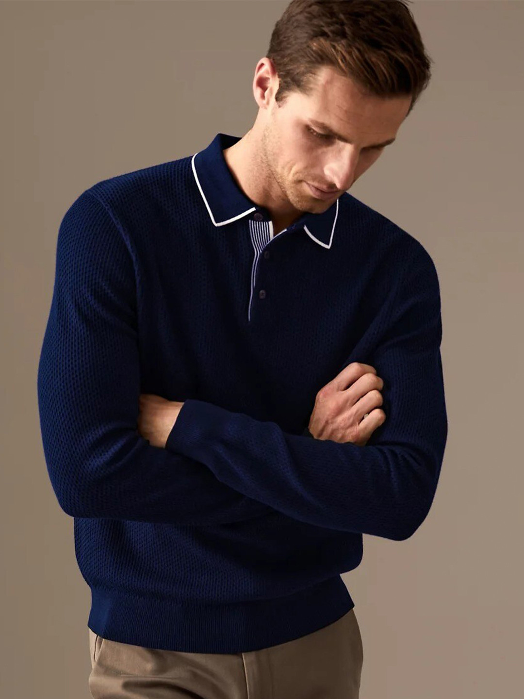 

Marks & Spencer Men Striped Polo Collar Cotton T-shirt, Navy blue