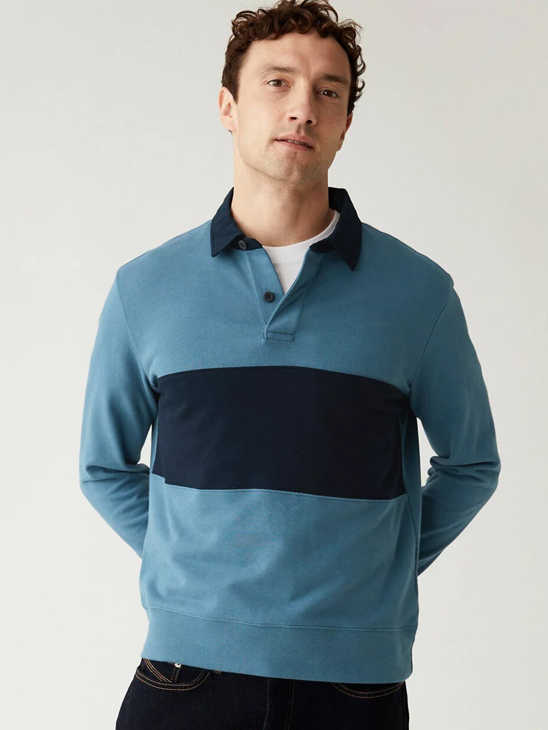 

Marks & Spencer Men Colourblocked Polo Collar Pure Cotton T-shirt, Blue