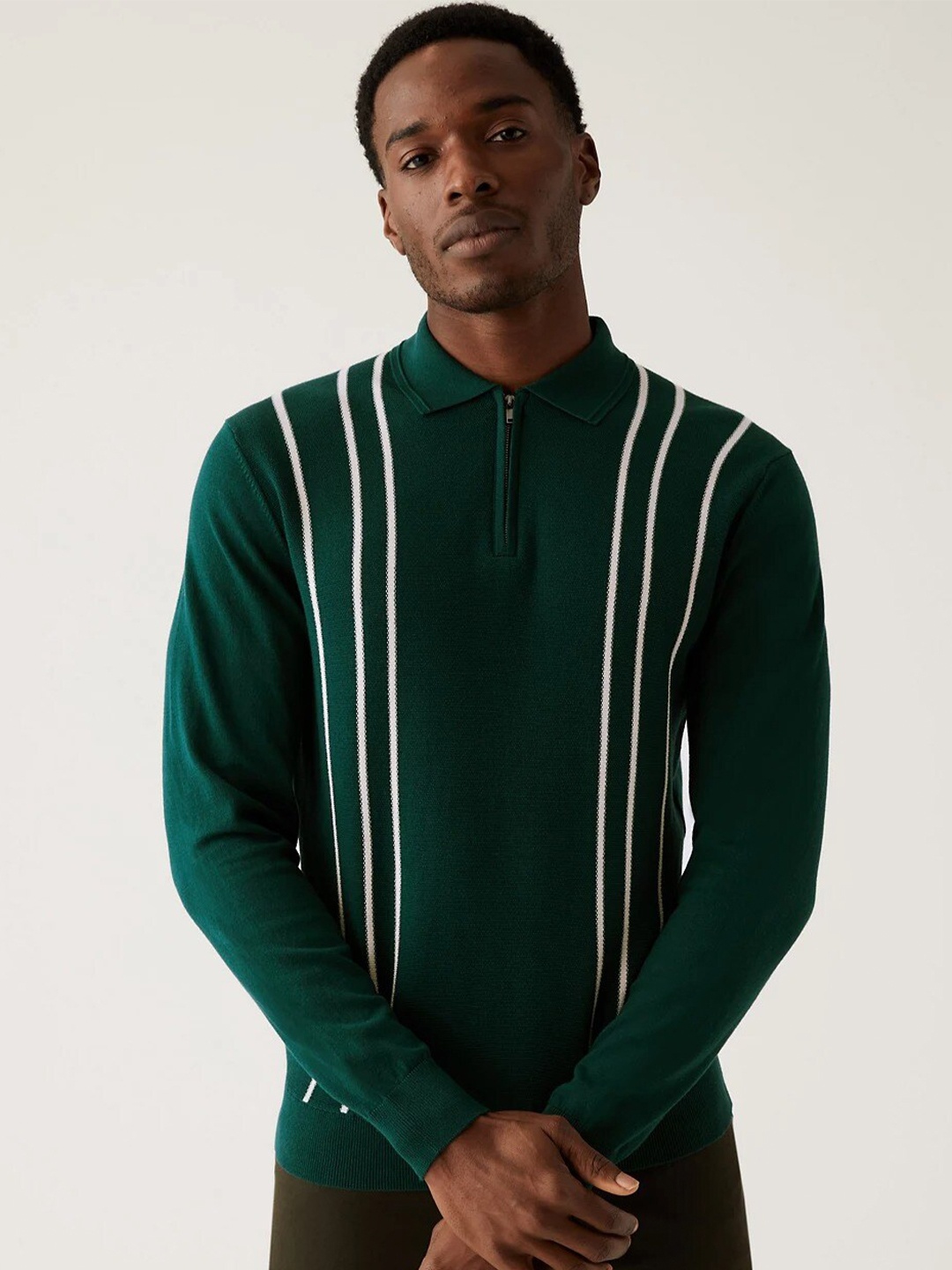 

Marks & Spencer Men Striped Polo Collar T-shirt, Green
