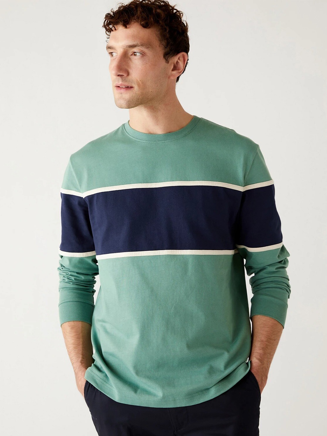

Marks & Spencer Men Colourblocked Pure Cotton T-shirt, Green