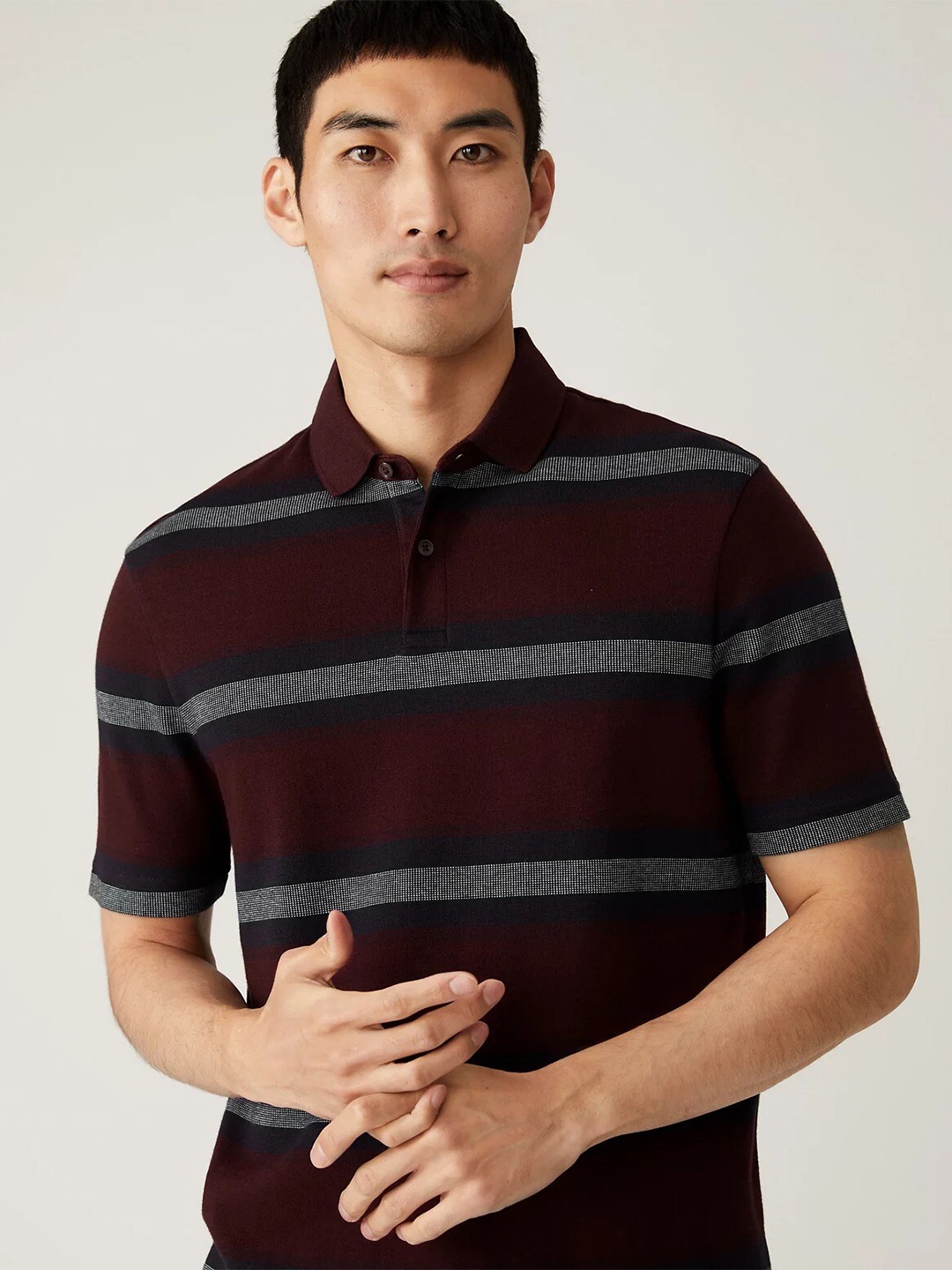 

Marks & Spencer Men Striped Polo Collar Pure Cotton T-shirt, Maroon