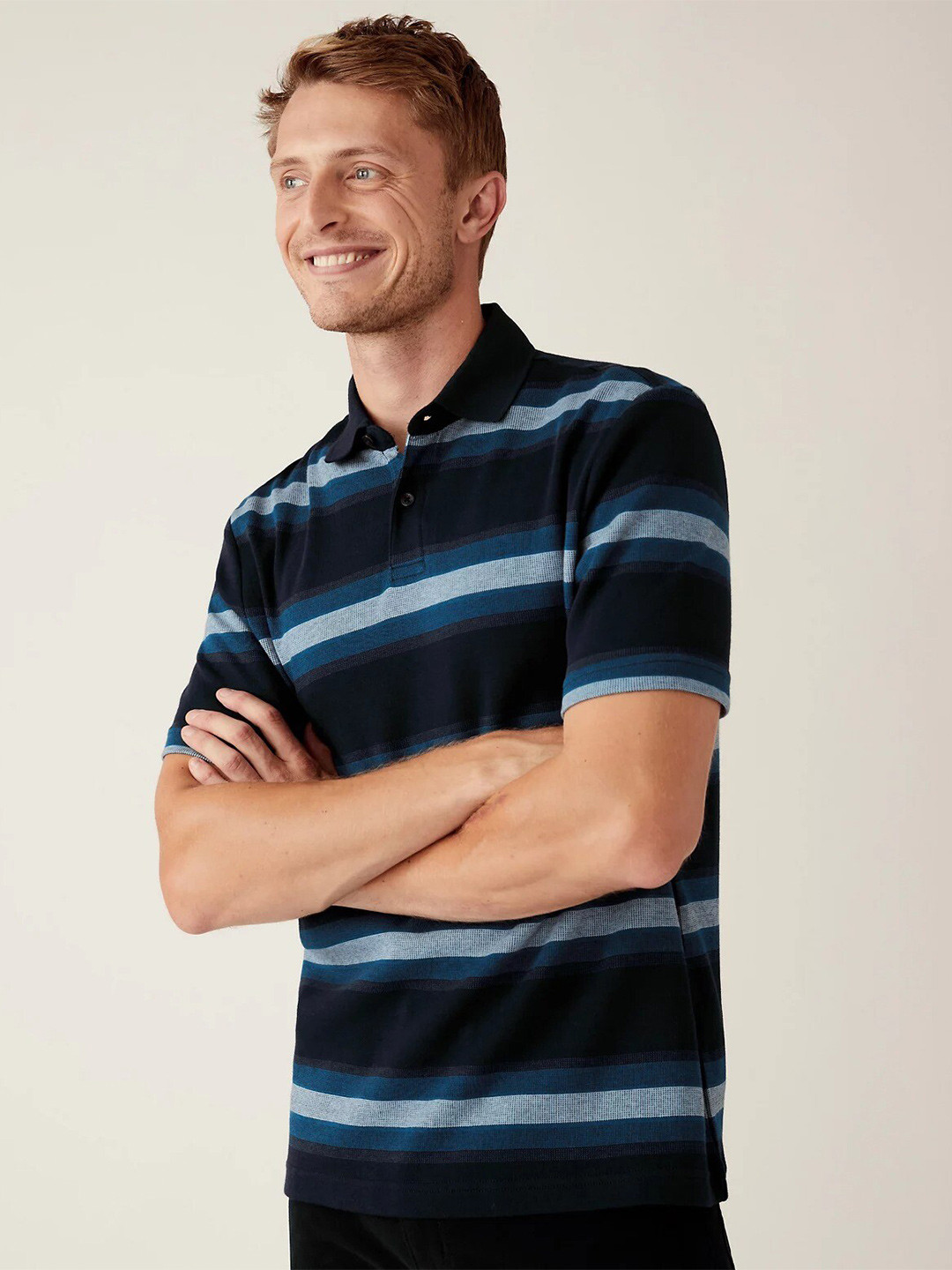 

Marks & Spencer Men Striped Cotton T-shirt, Navy blue