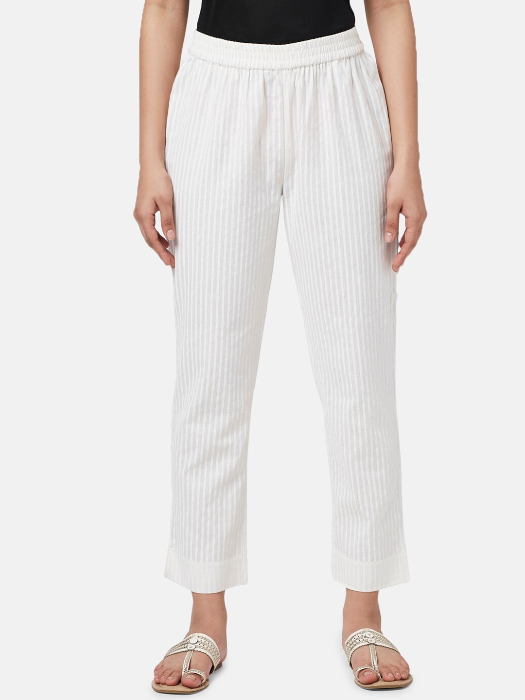 

RANGMANCH BY PANTALOONS Women Striped Cotton Regular Fit Trousers, White
