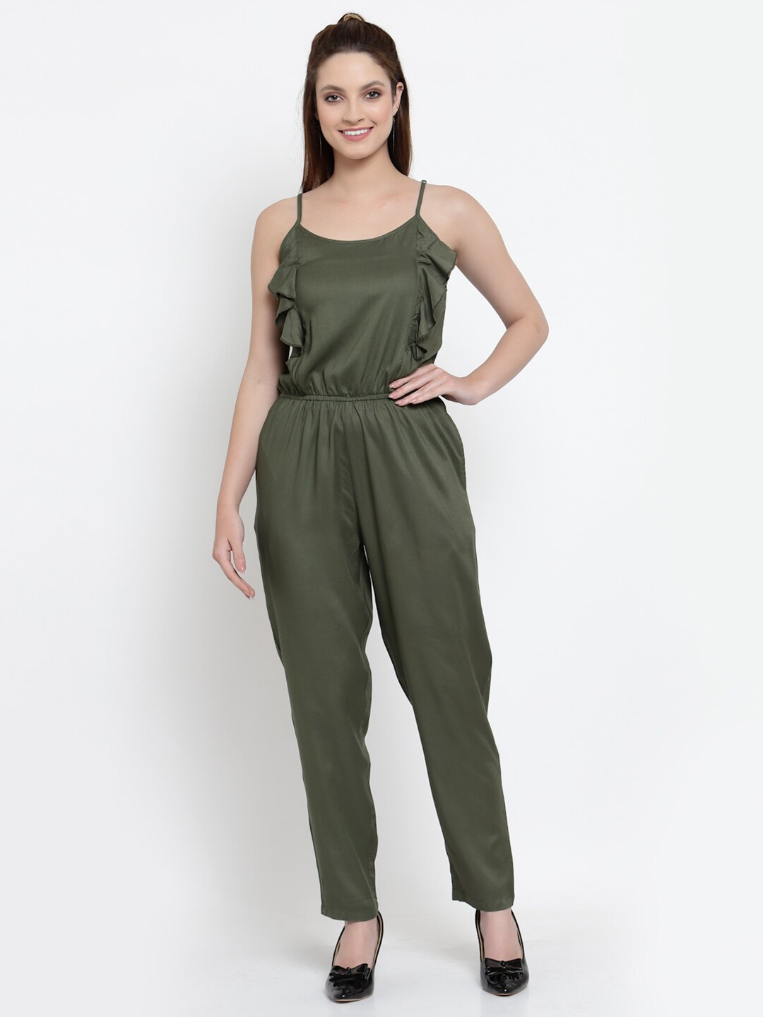 

NEUDIS Women Ruffle Detail Sleeveless Basic Jumpsuit, Olive