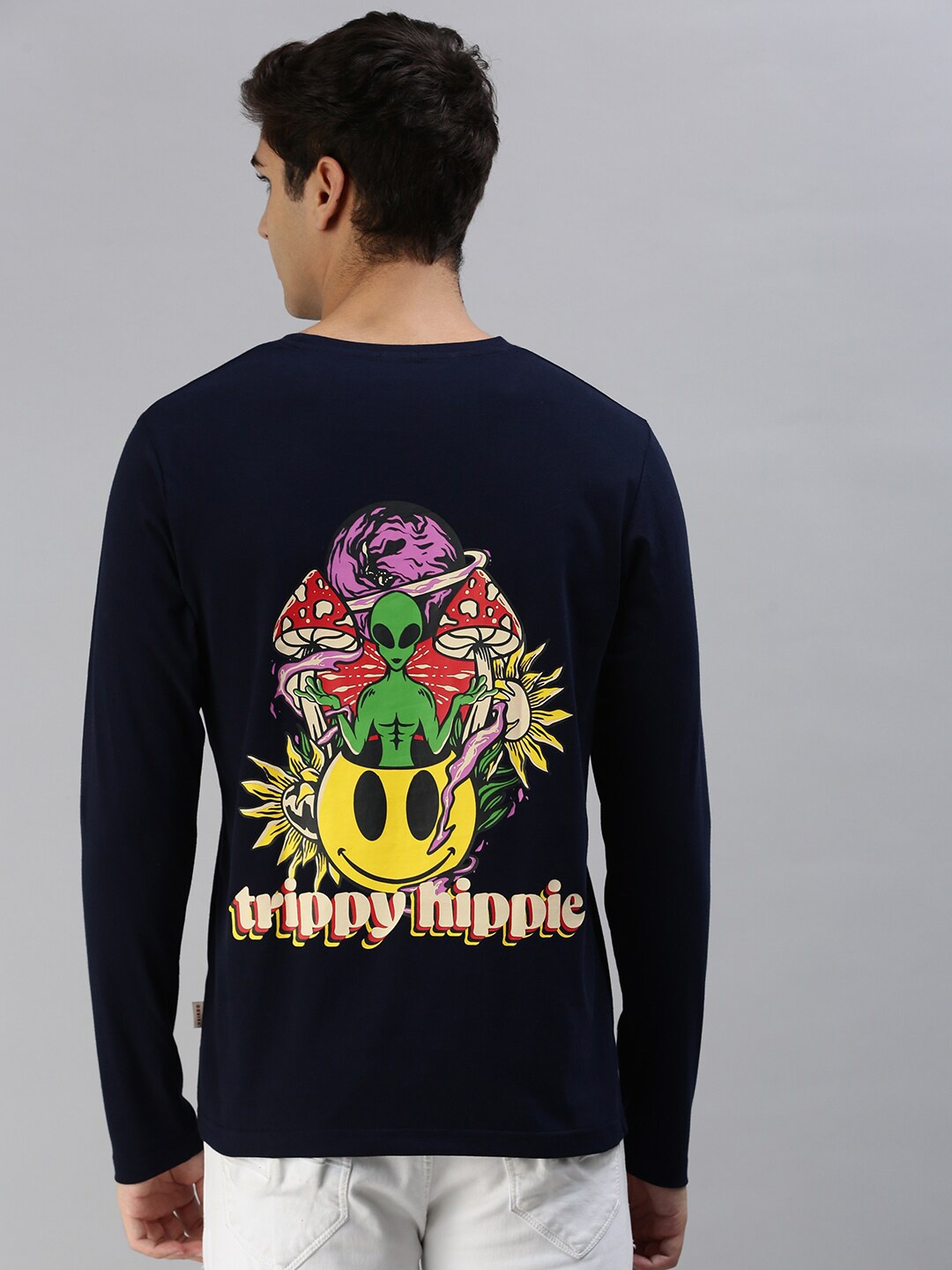 

VEIRDO Men Graphic Printed Long Sleeve Pure Cotton T-shirt, Navy blue