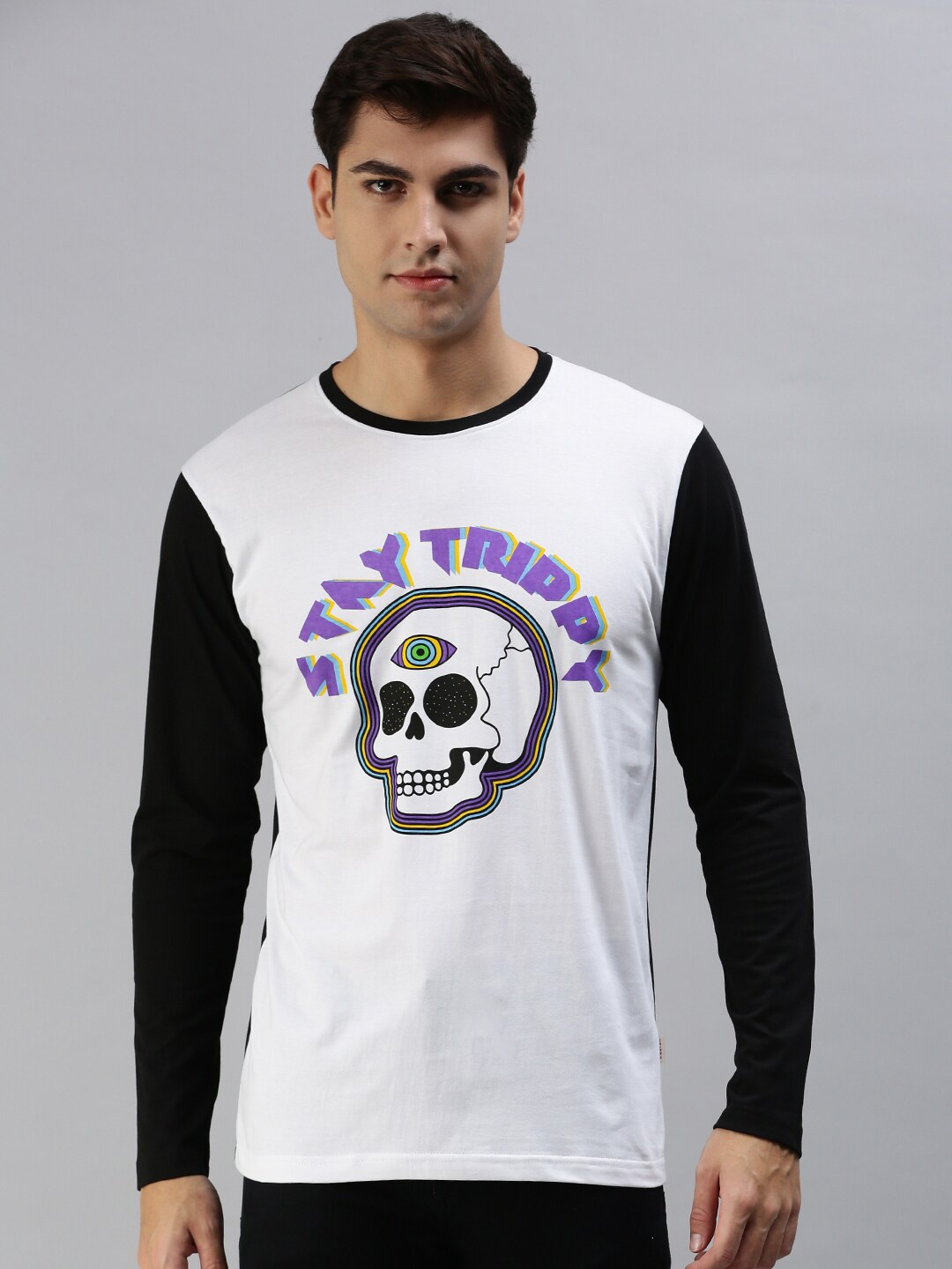 VEIRDO Men Colourblocked Pure Cotton T-shirt, White