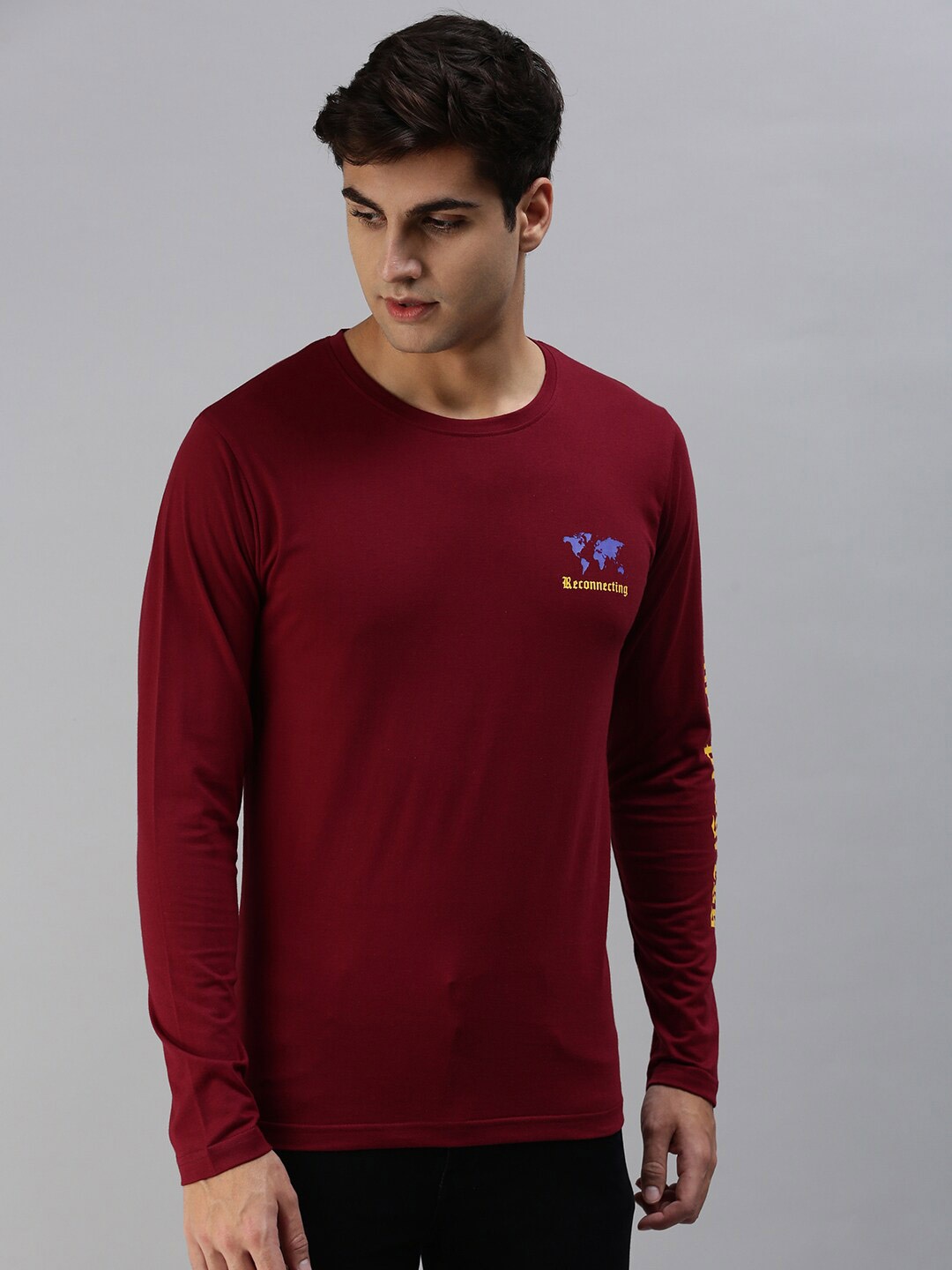 

VEIRDO Men Round Neck Pure Cotton T-shirt, Maroon