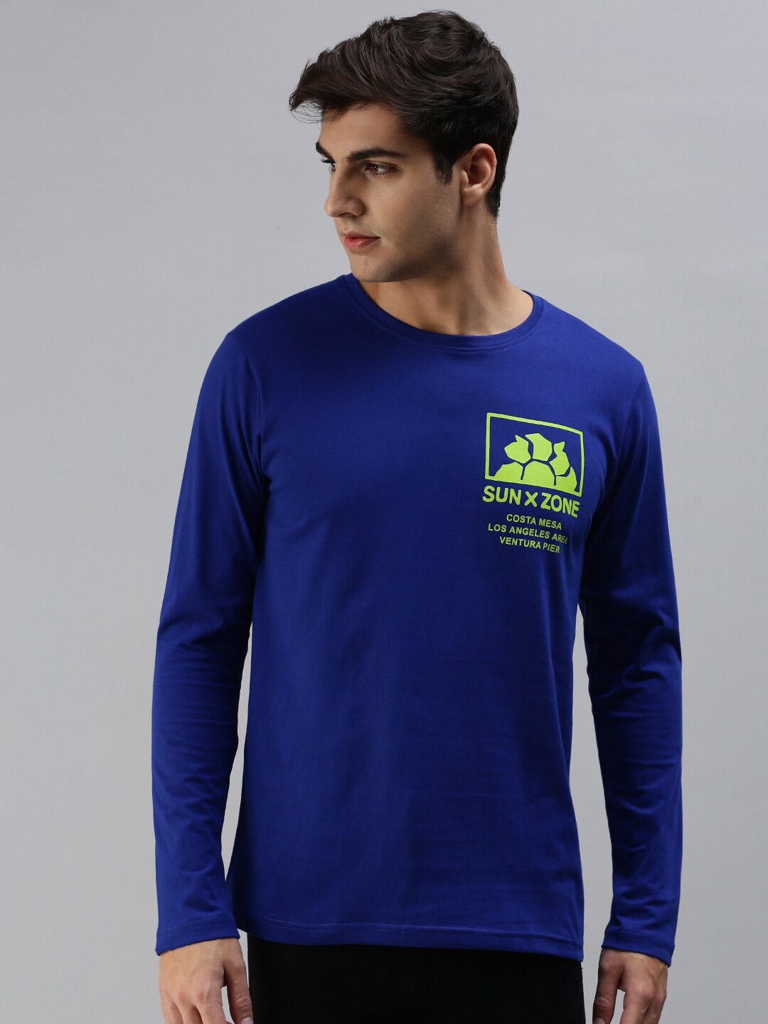 

VEIRDO Men Typography Printed Long Sleeve Pure Cotton T-shirt, Blue