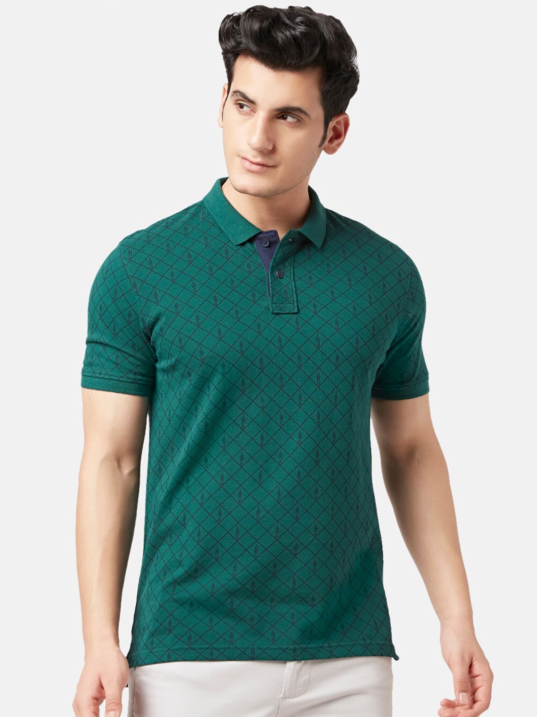 

BYFORD by Pantaloons Men Printed Polo Collar Slim Fit Cotton T-shirt, Green