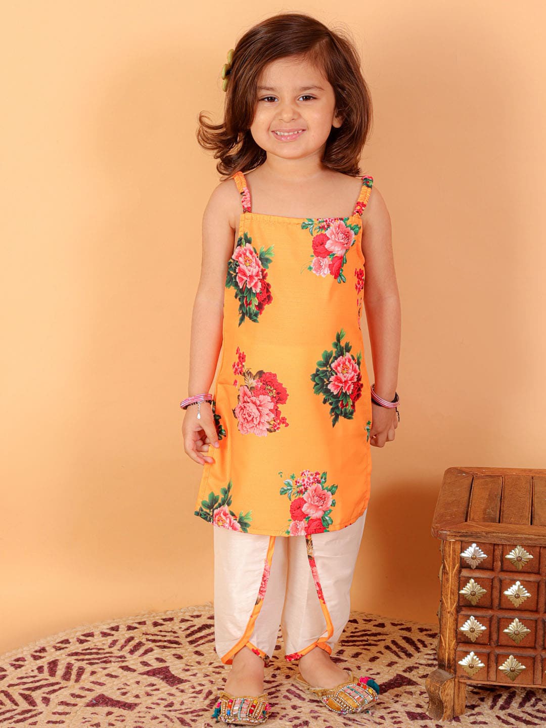 

VASTRAMAY Girls Floral Printed Kurta with Dhoti Pants, Orange