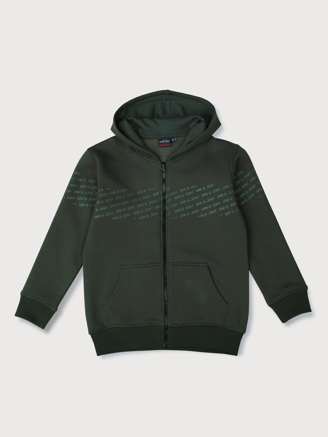 

Gini and Jony Boys Typography Printed Cotton Hooded Long Sleeves Front Open Sweatshirt, Green