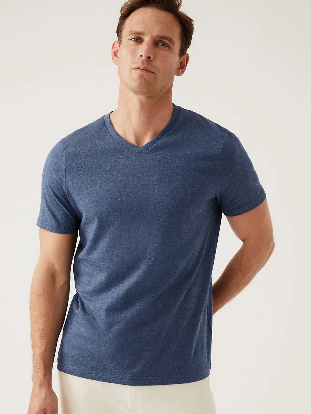 

Marks & Spencer Men V-Neck Neck Pure Cotton T-shirt, Blue