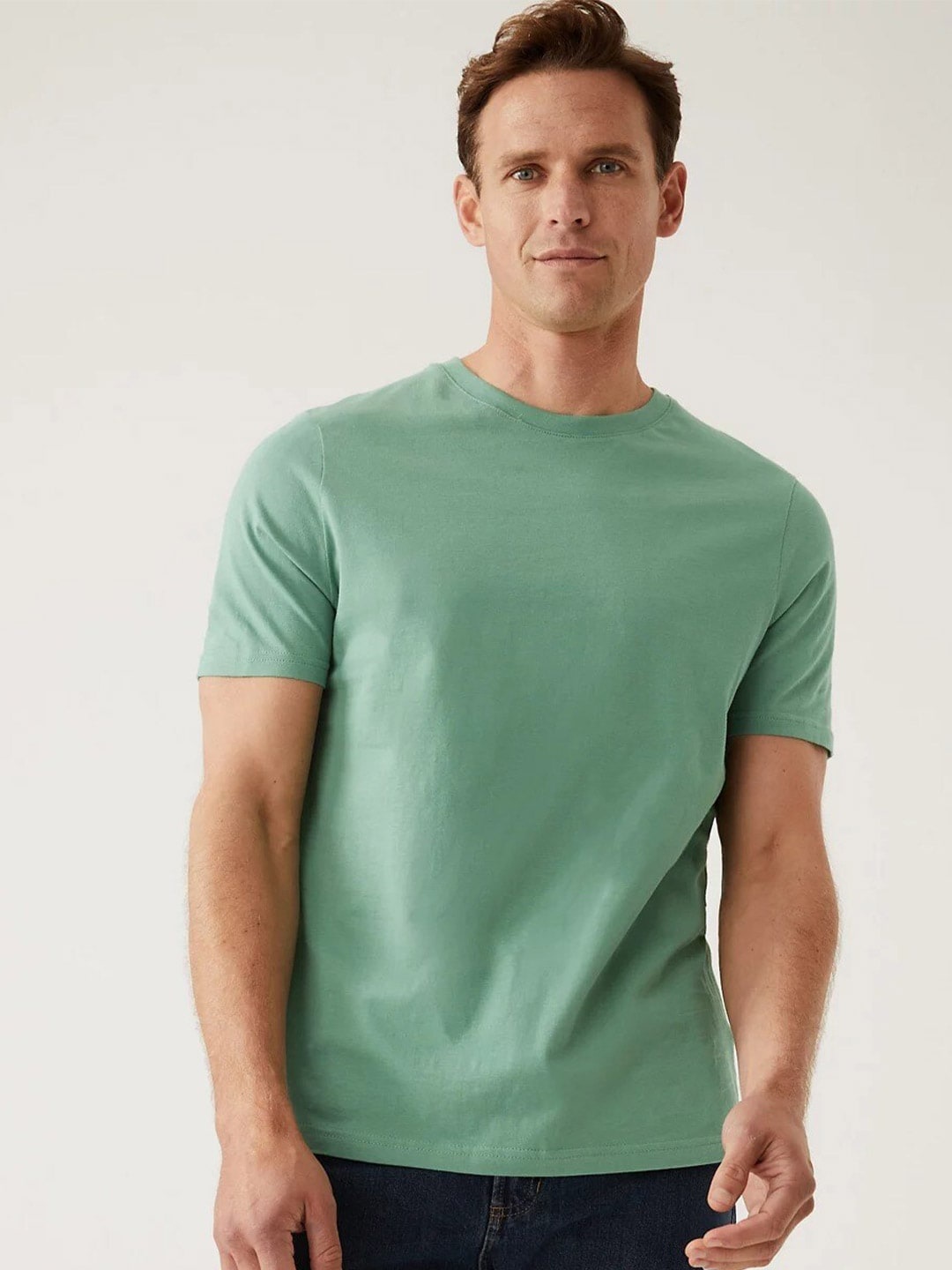 

Marks & Spencer Men Round Neck Cotton T-shirt, Green