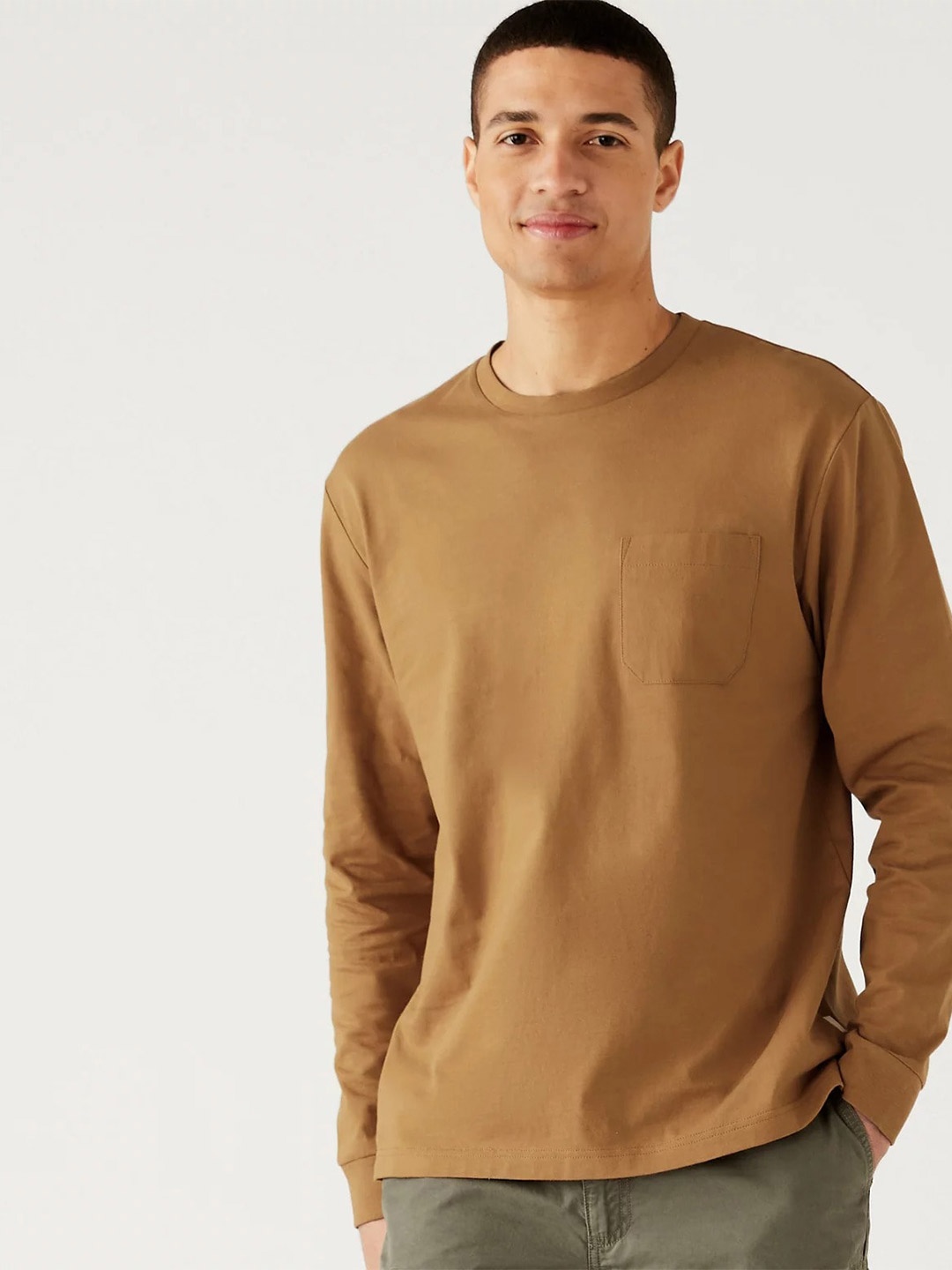 

Marks & Spencer Men Round Neck Drop-Shoulder Sleeves Cotton T-shirt, Brown