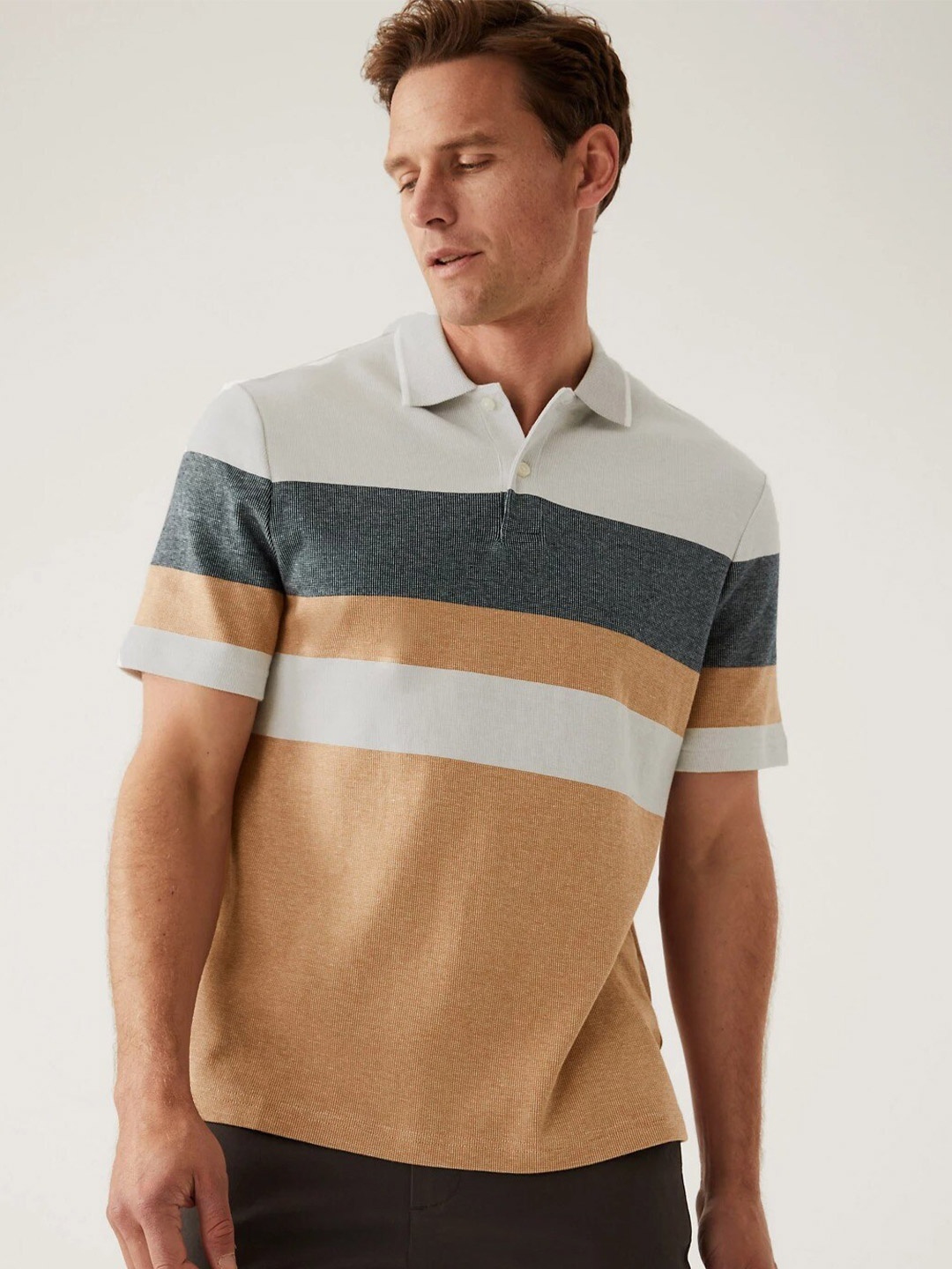 

Marks & Spencer Men Striped Polo Collar Pure Cotton T-shirt, Yellow