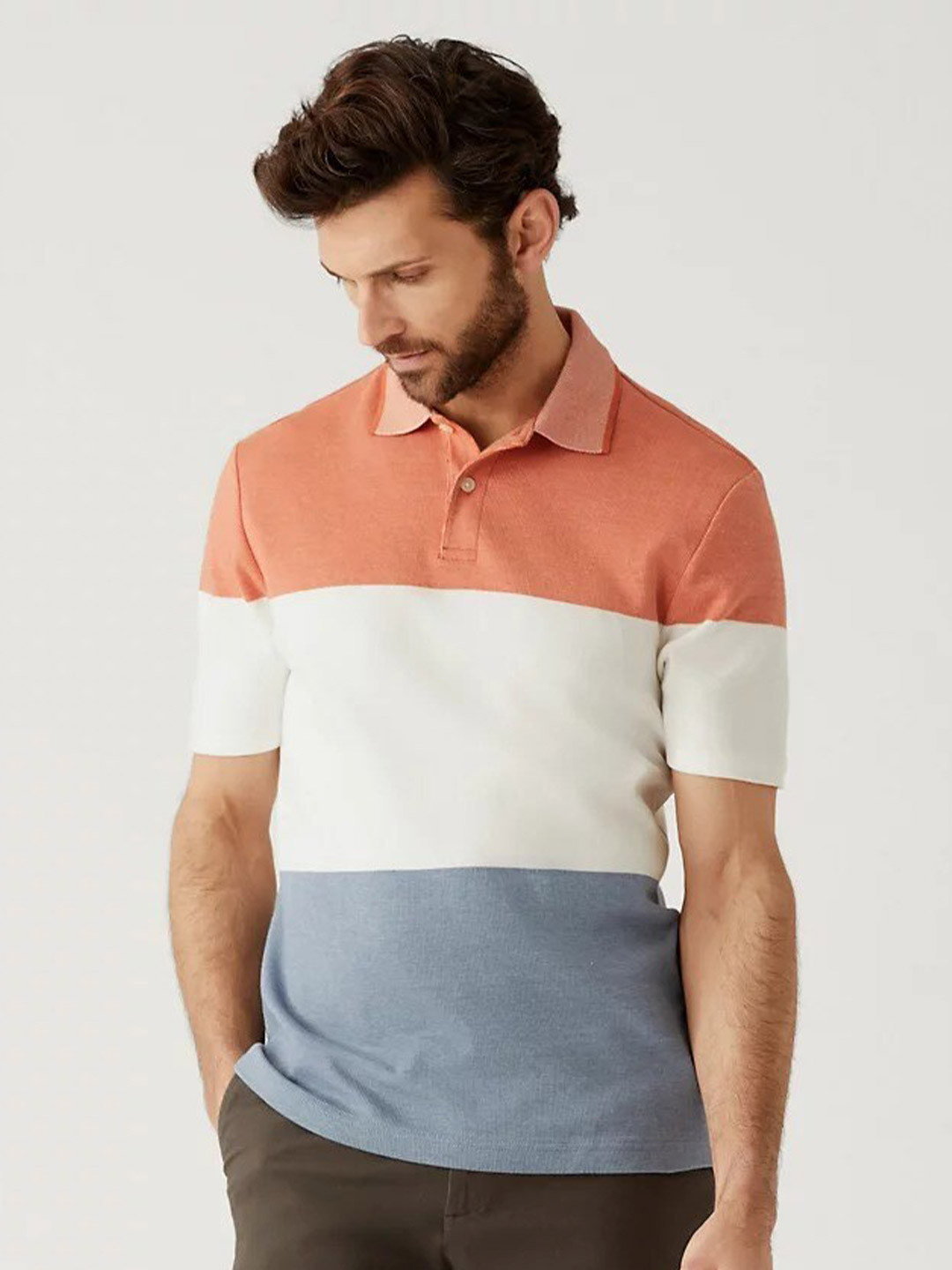 

Marks & Spencer Men Colourblocked Polo Collar Cotton T-shirt, Peach