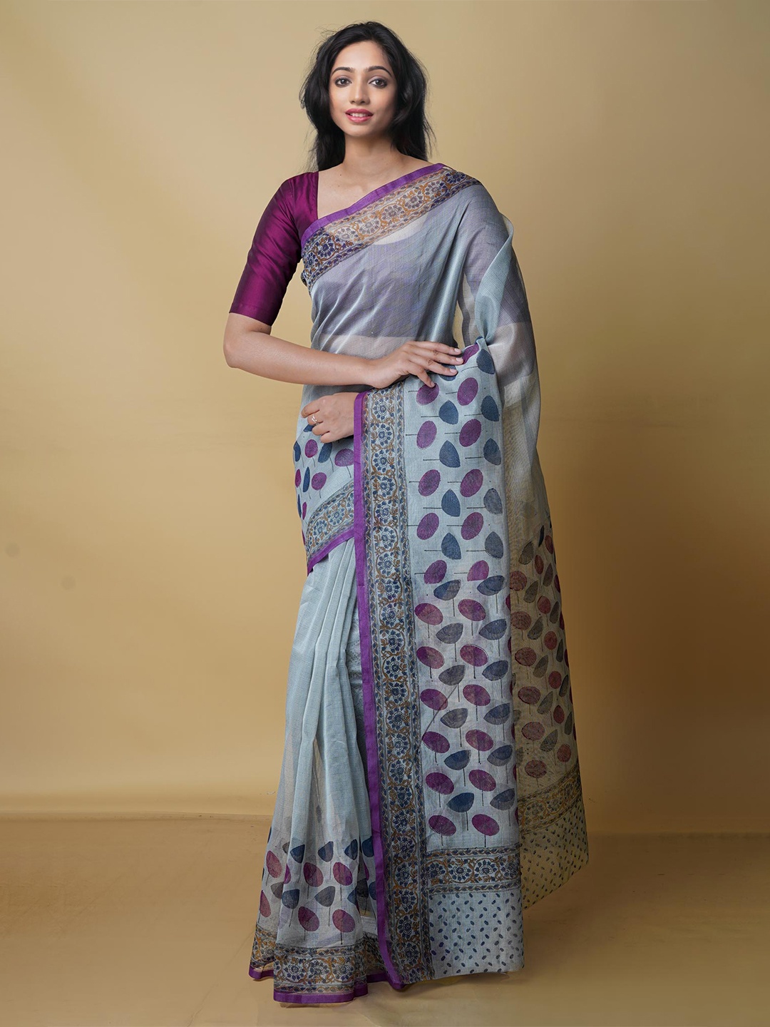 

Unnati Silks Floral Printed Banarasi Saree, Grey