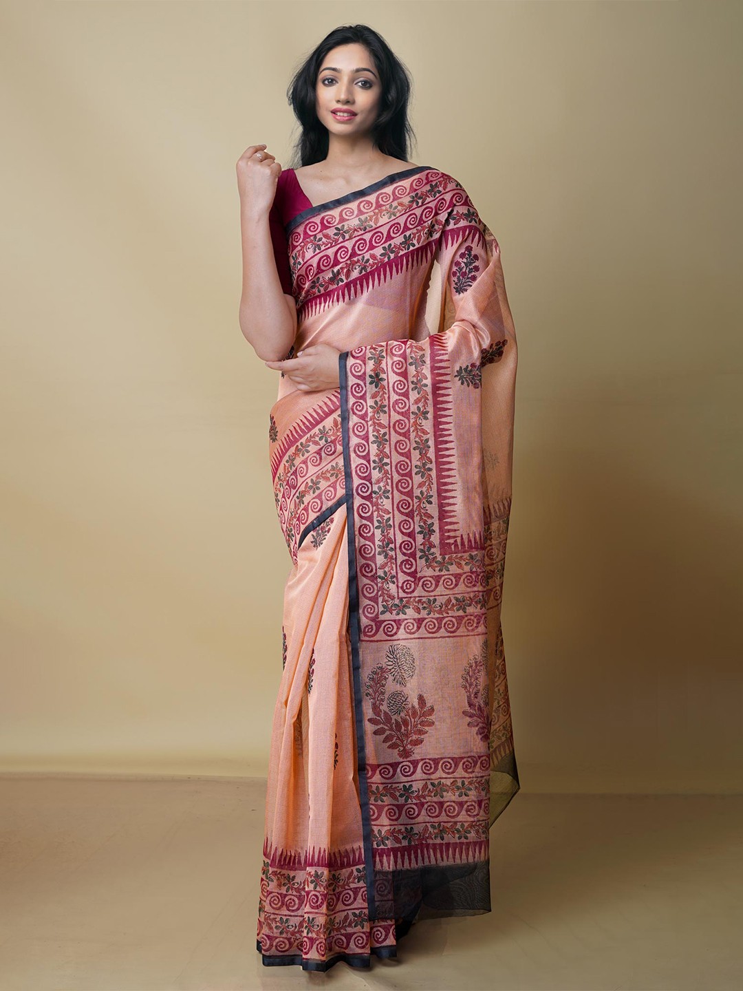 

Unnati Silks Ethnic Motifs Printed Banarasi Saree, Pink