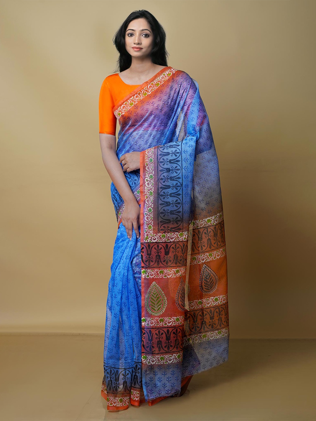 

Unnati Silks Ethnic Motifs Printed Banarasi Saree, Blue