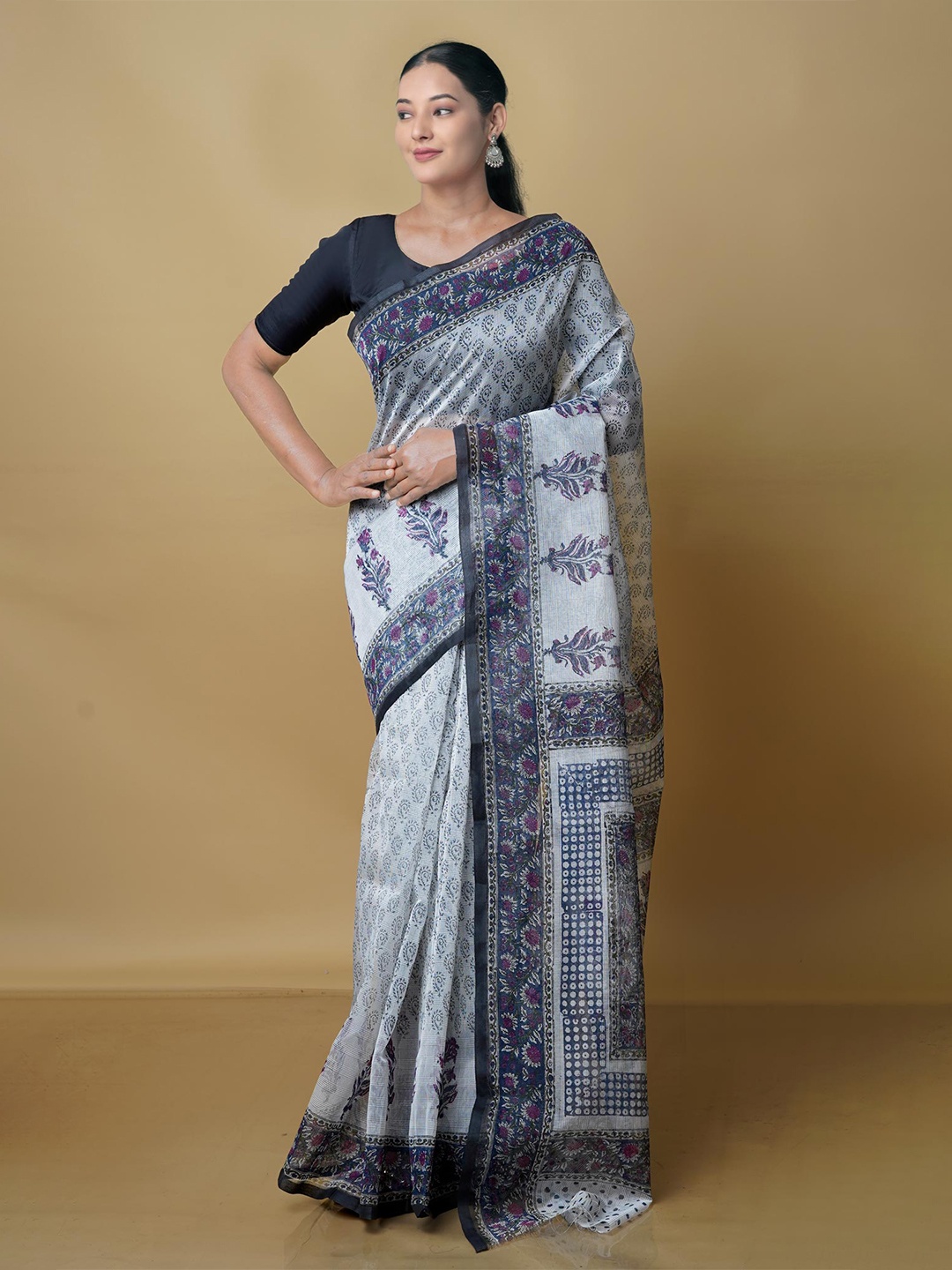 

Unnati Silks Grey & Blue Ethnic Motifs Printed Banarasi Saree