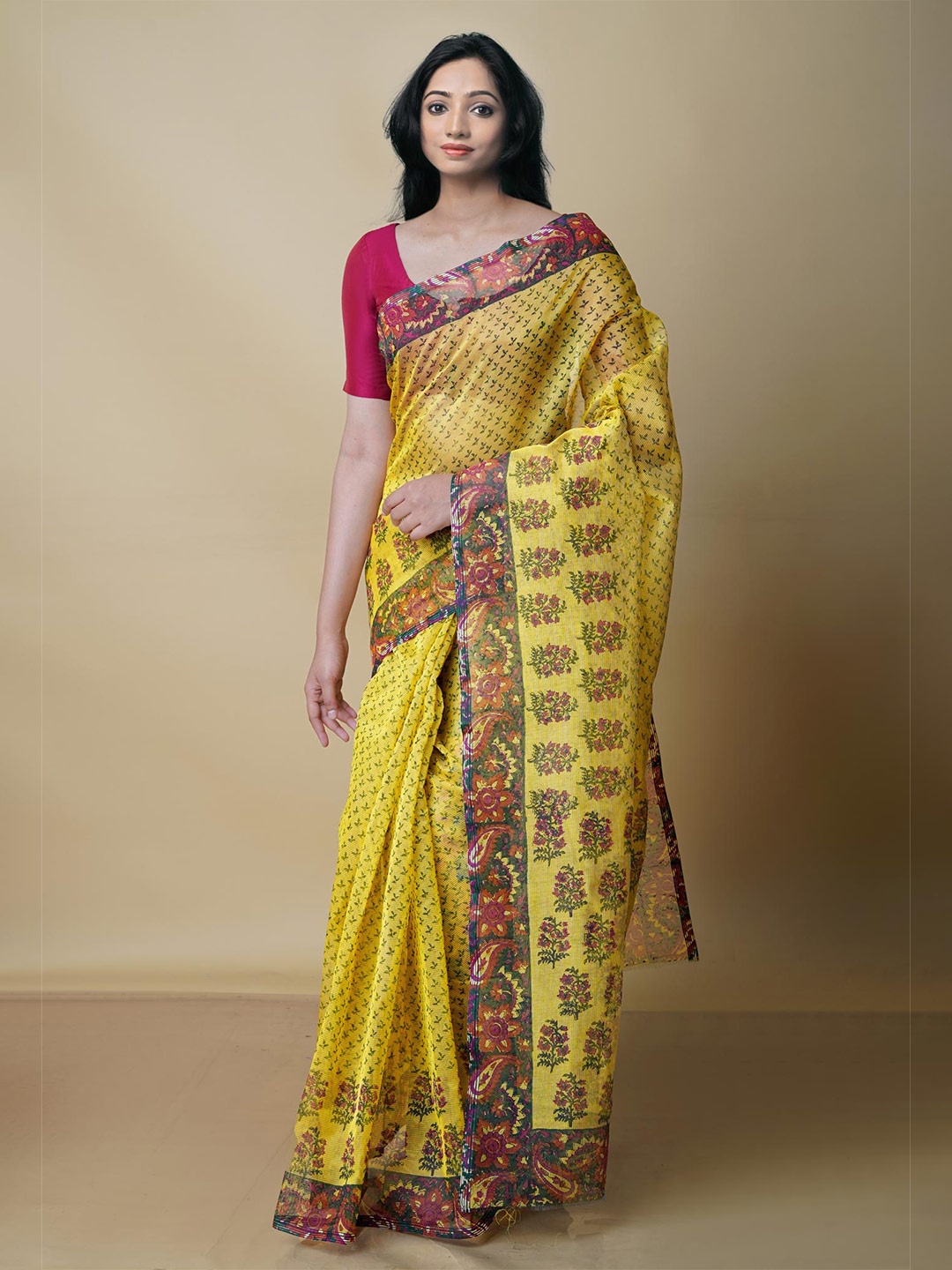 

Unnati Silks Floral Printed Banarasi Saree, Yellow