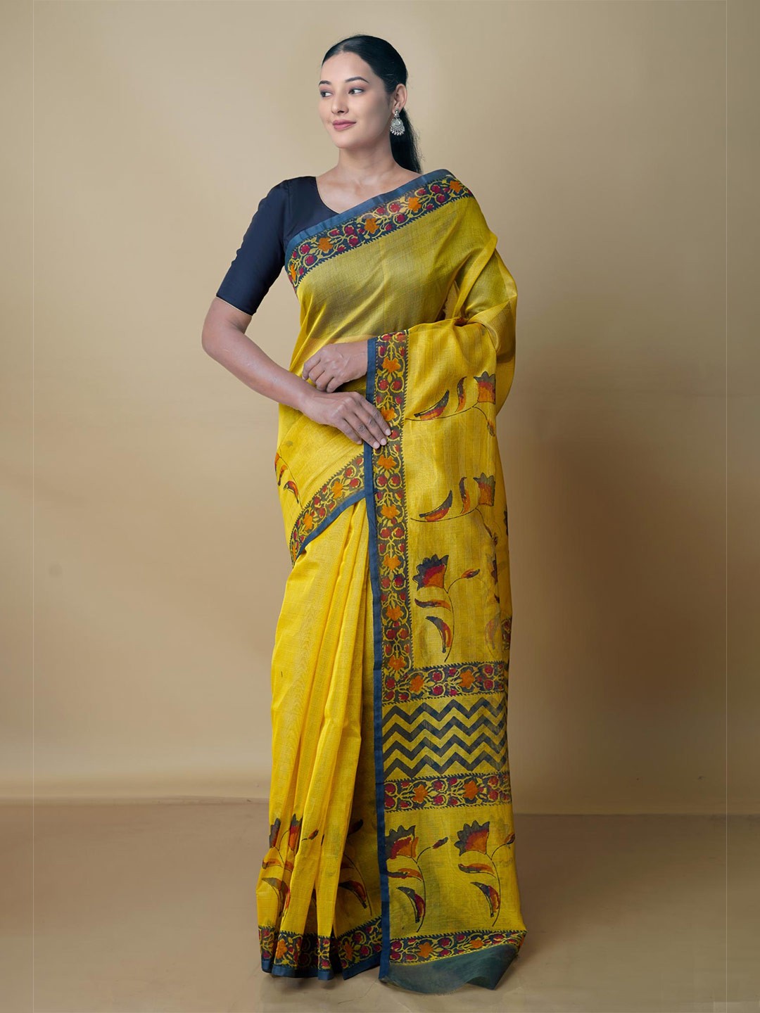 

Unnati Silks Floral Printed Banarasi Saree, Yellow