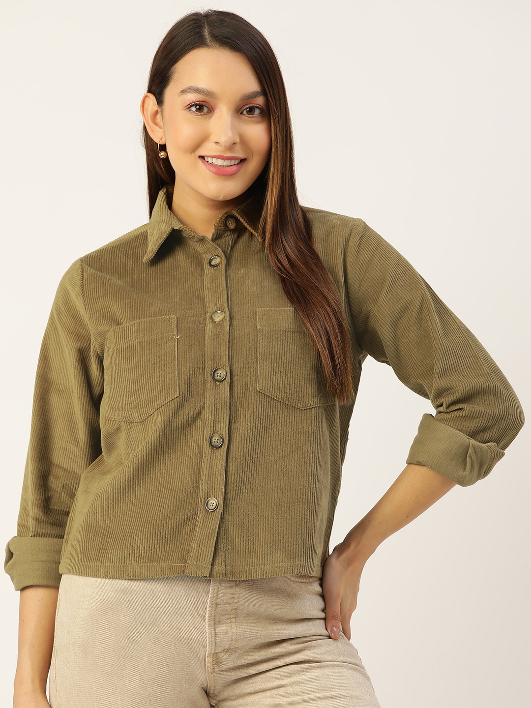 

MISRI Striped Corduroy Casual Shirt, Olive