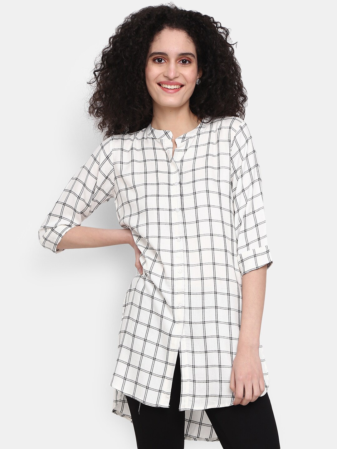 

V-Mart Checked High-Low Longline Top, White