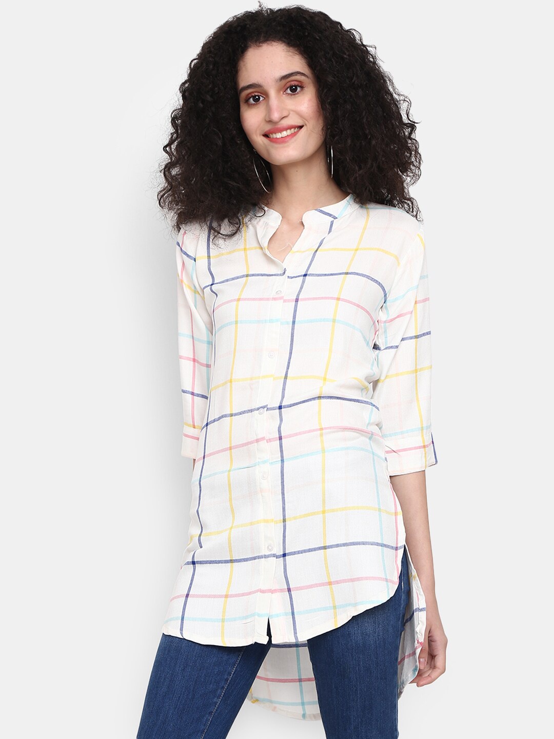 

V-Mart Band Collar Checked Cotton Top, White