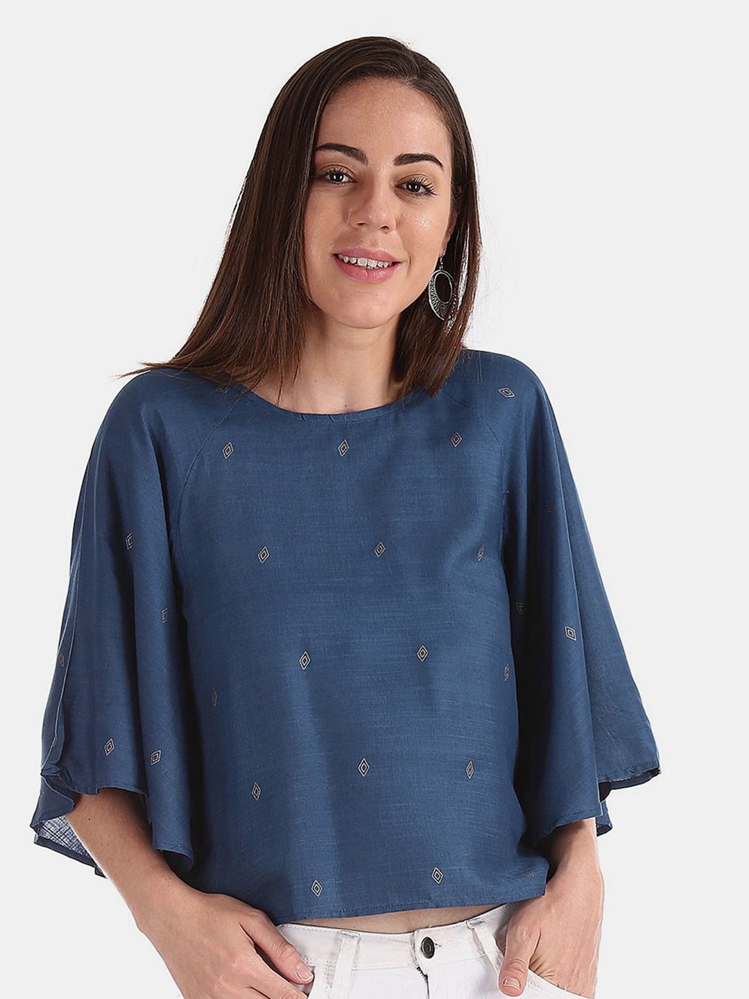 

V-Mart Geometric Printed Flared Sleeves Cotton Top, Blue