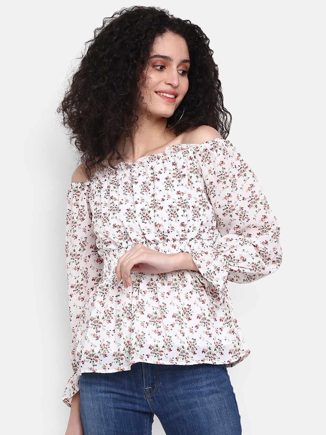 

V-Mart White Off-Shoulder Floral Print Cotton Top