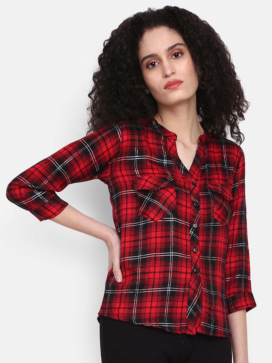 

V-Mart Checked Mandarin Collar Shirt Style Top, Red