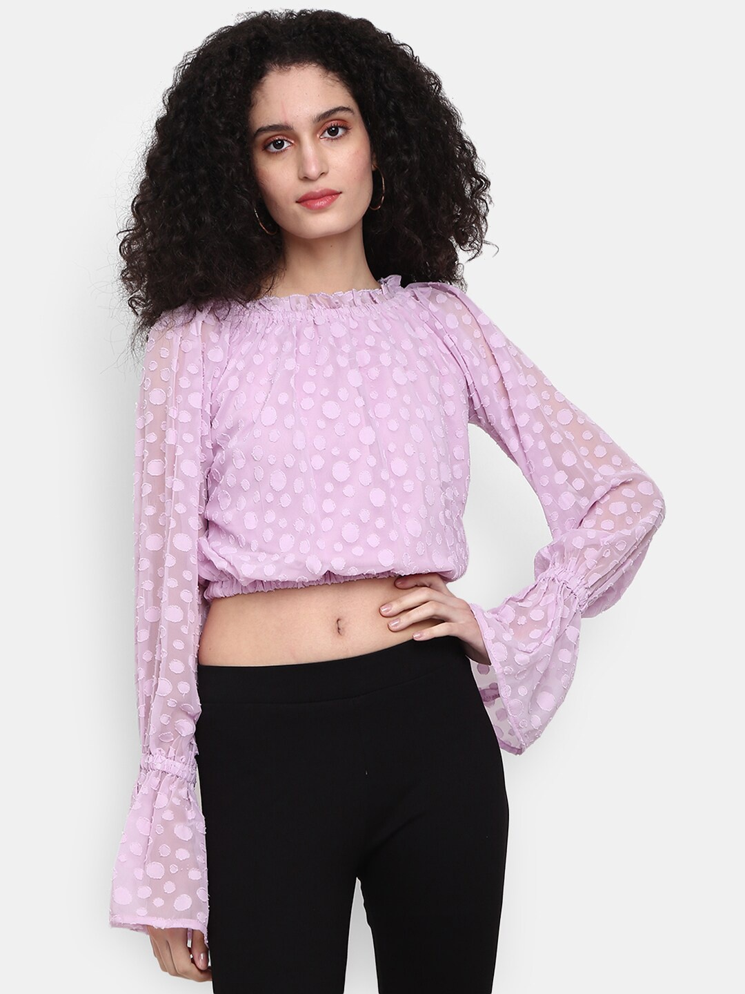 

V-Mart Self Design Bell Sleeves Blouson Cotton Crop Top, Purple