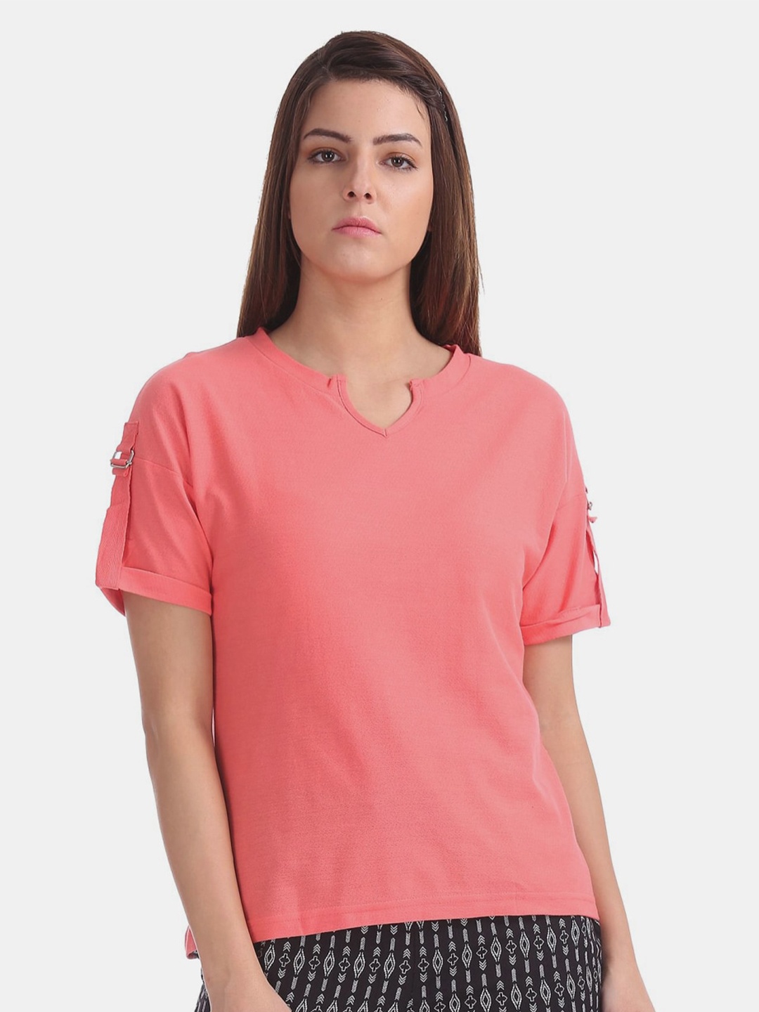 

V-Mart Notch Neck Cotton Tops, Coral